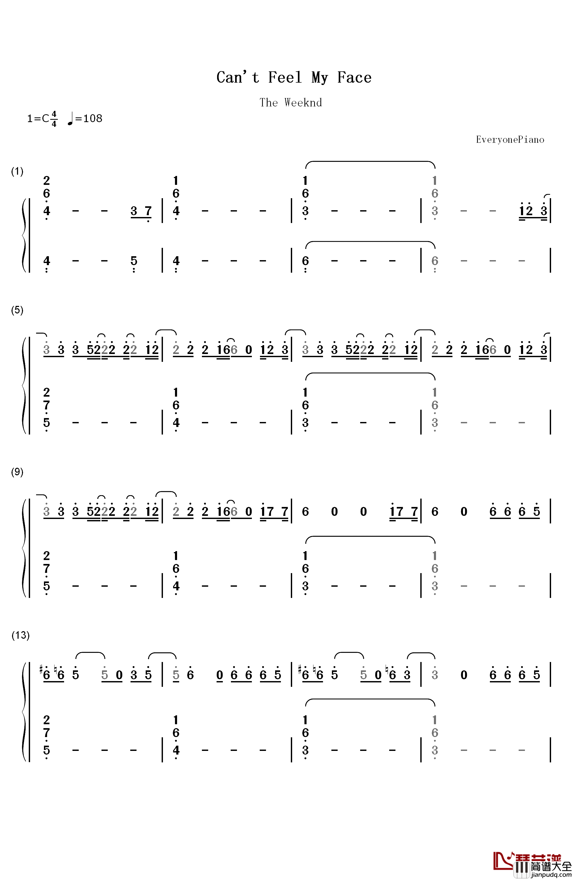 Can't_Feel_My_Face钢琴简谱_数字双手_The_Weeknd
