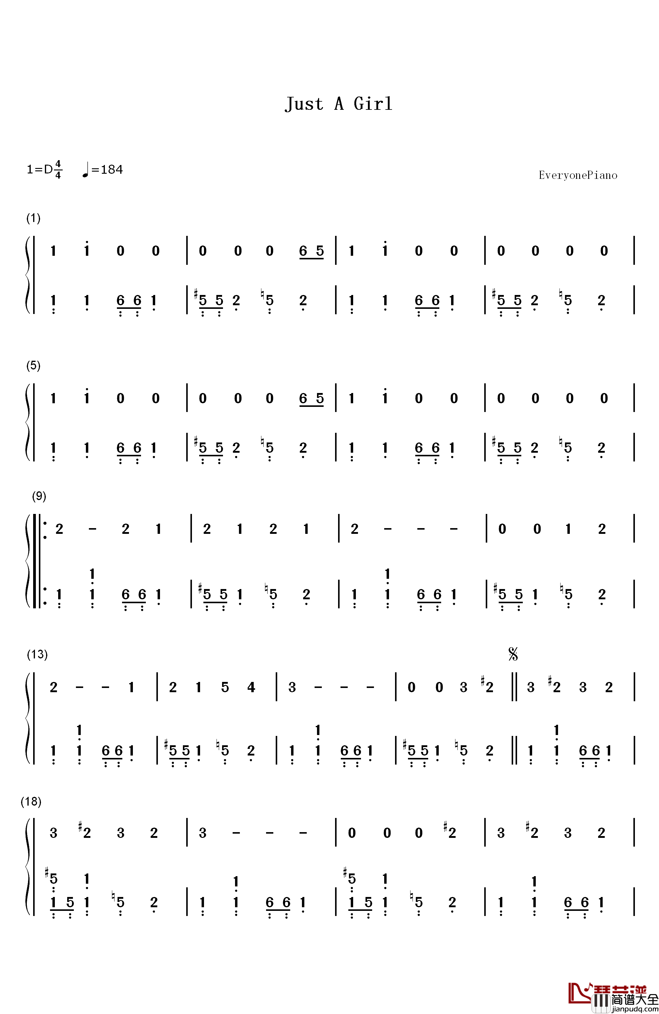 Just_a_Girl钢琴简谱_数字双手_No_Doubt