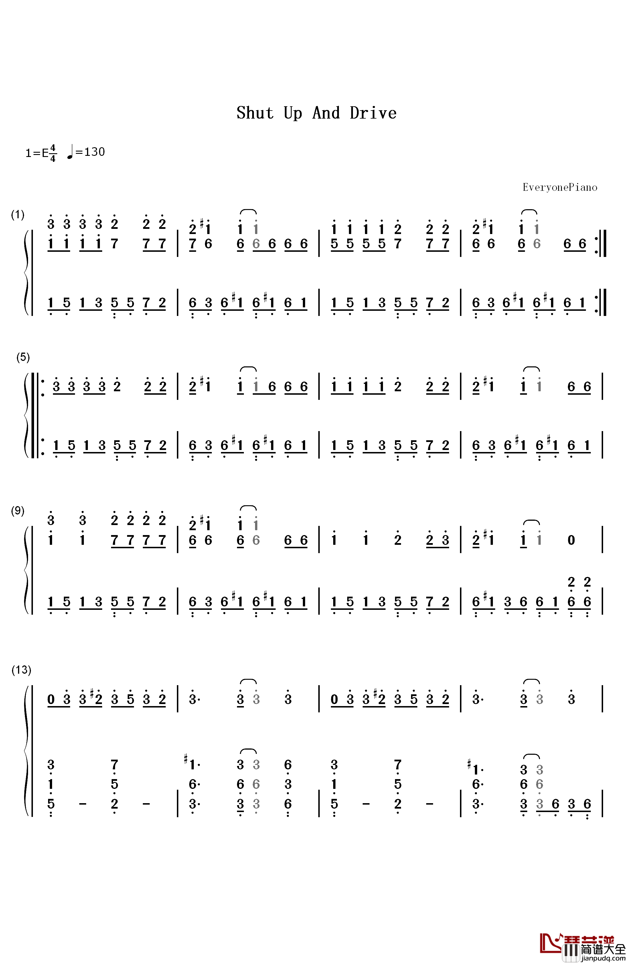 Shut_Up_and_Drive钢琴简谱_数字双手_Rihanna