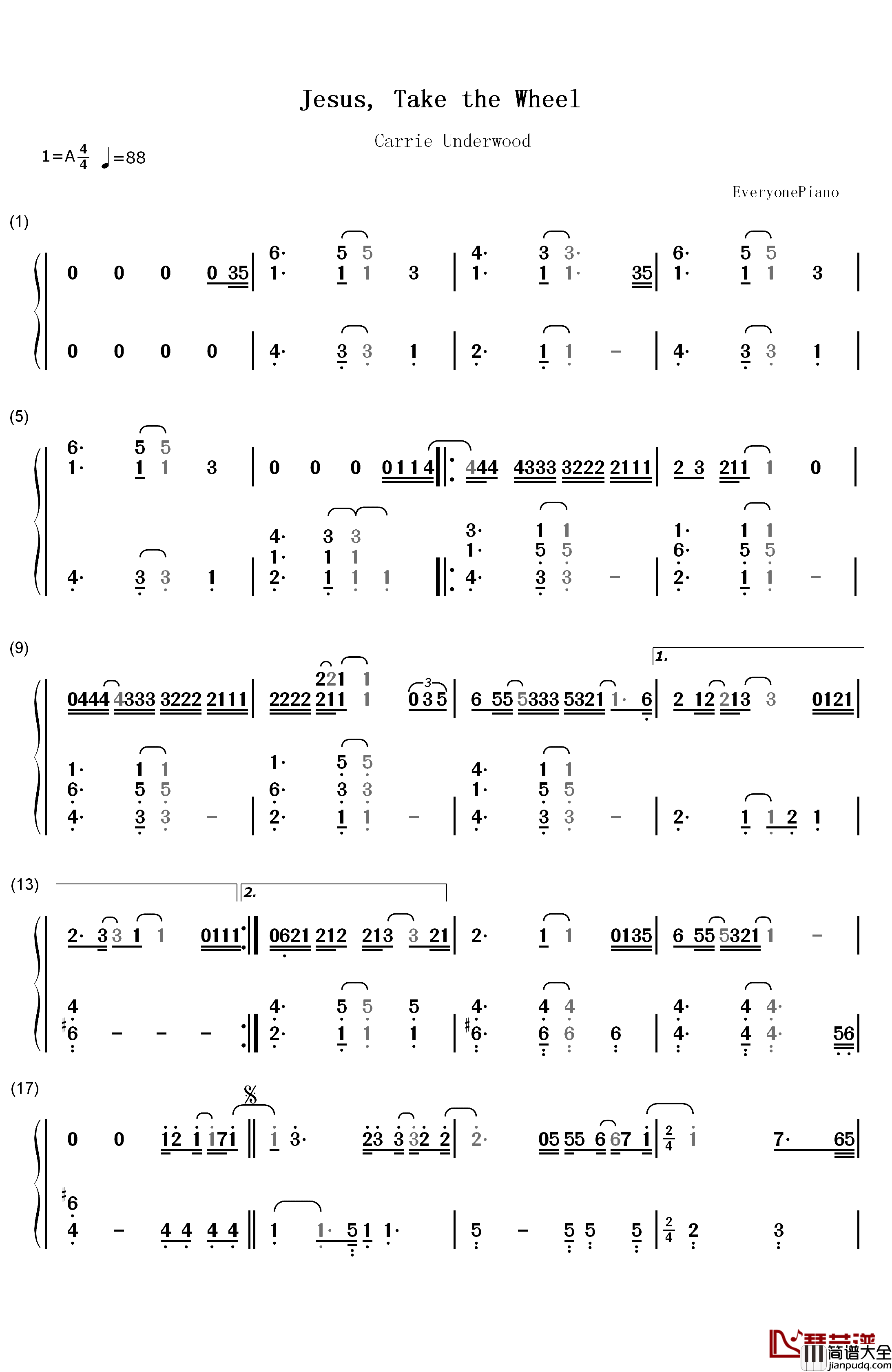Jesus_Take_the_Wheel钢琴简谱_数字双手_Carrie_Underwood