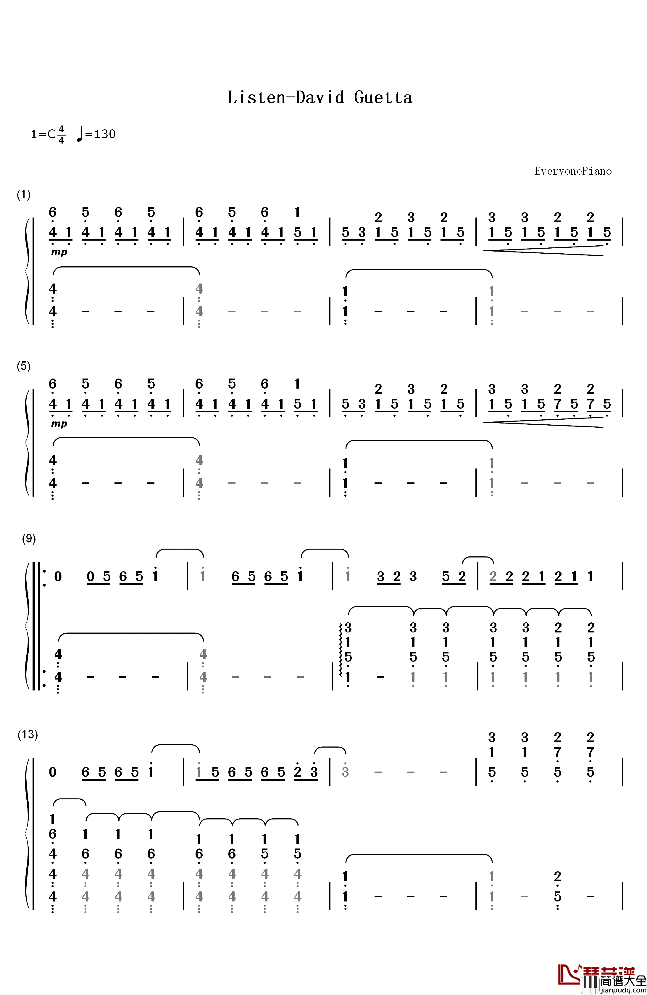 Listen钢琴简谱_数字双手_David_Guetta