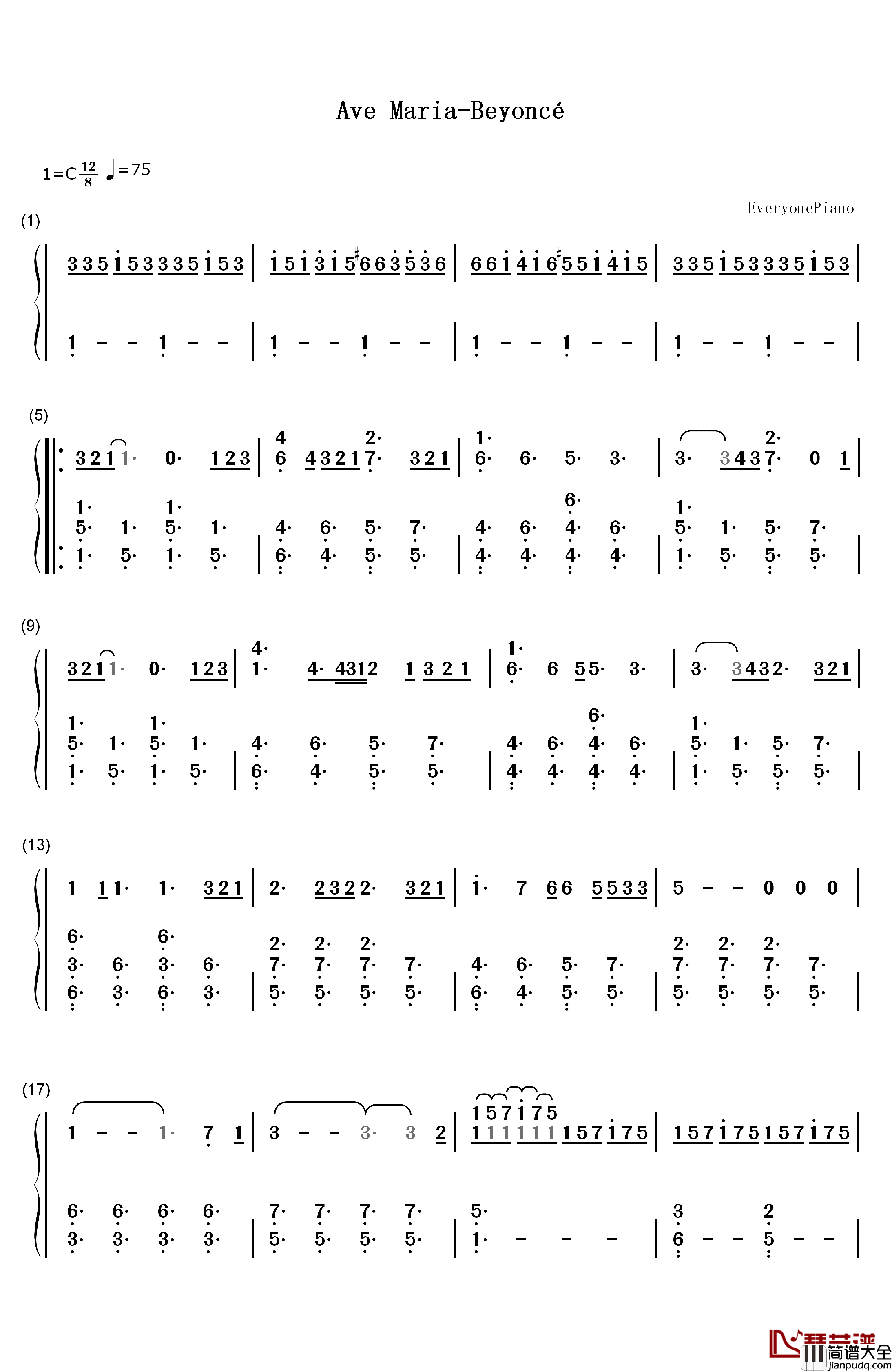 Ave_Maria钢琴简谱_数字双手_Beyoncé