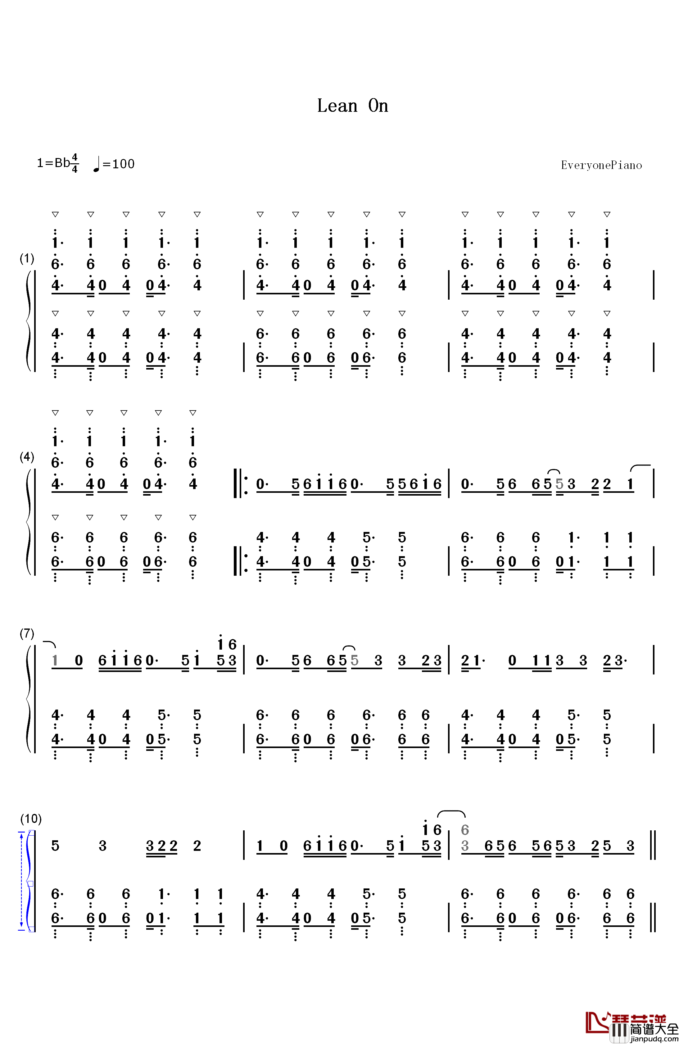 Lean_On钢琴简谱_数字双手_Major_Lazer