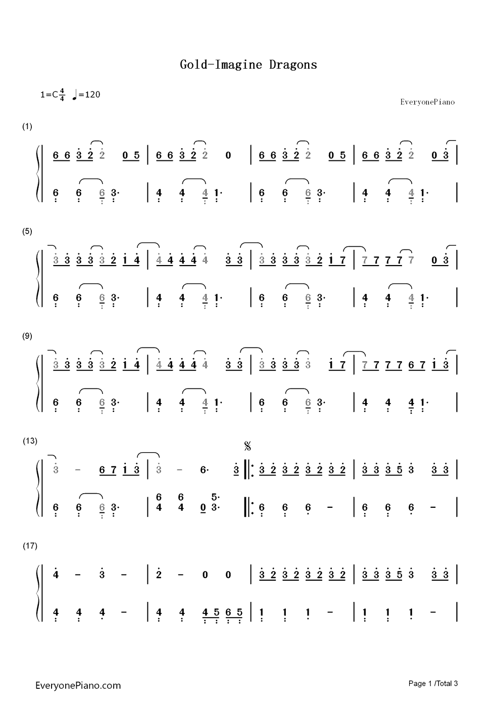 Gold钢琴简谱_数字双手_Imagine_Dragons