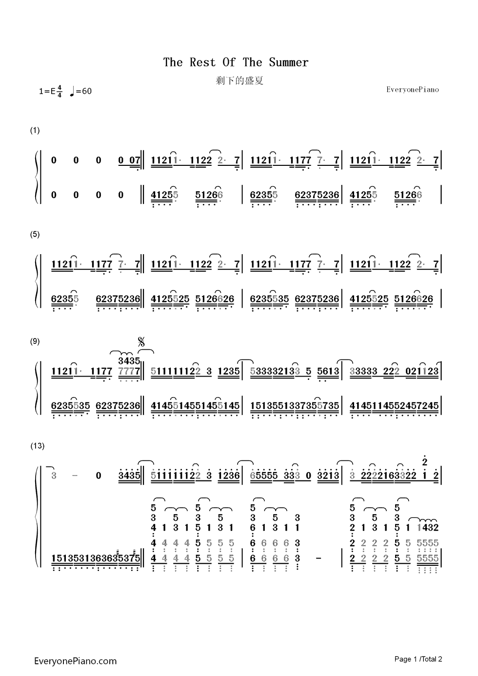 剩下的盛夏钢琴简谱_数字双手_TFBOYS