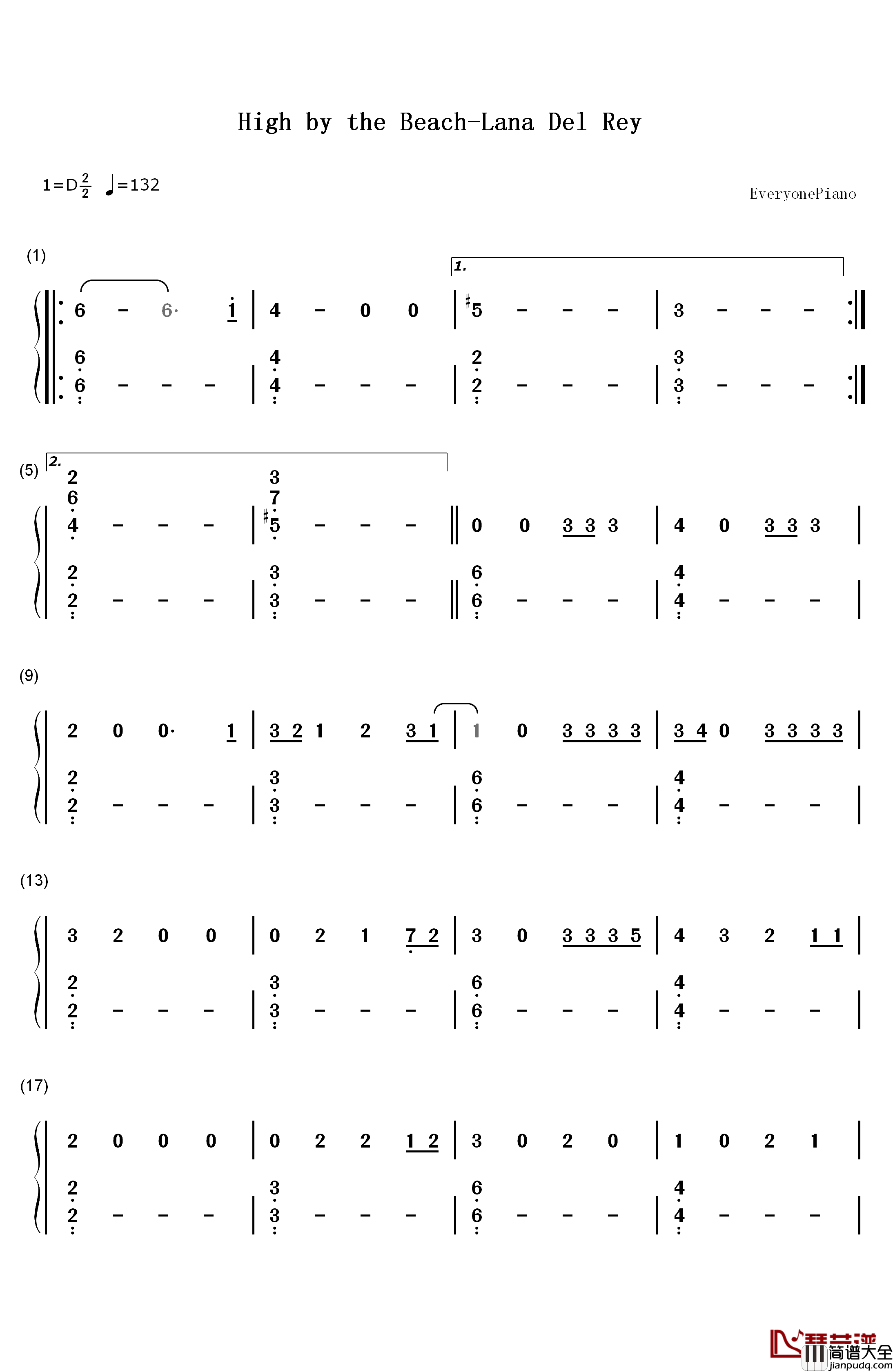 High_by_the_Beach钢琴简谱_数字双手_Lana_Del_Rey