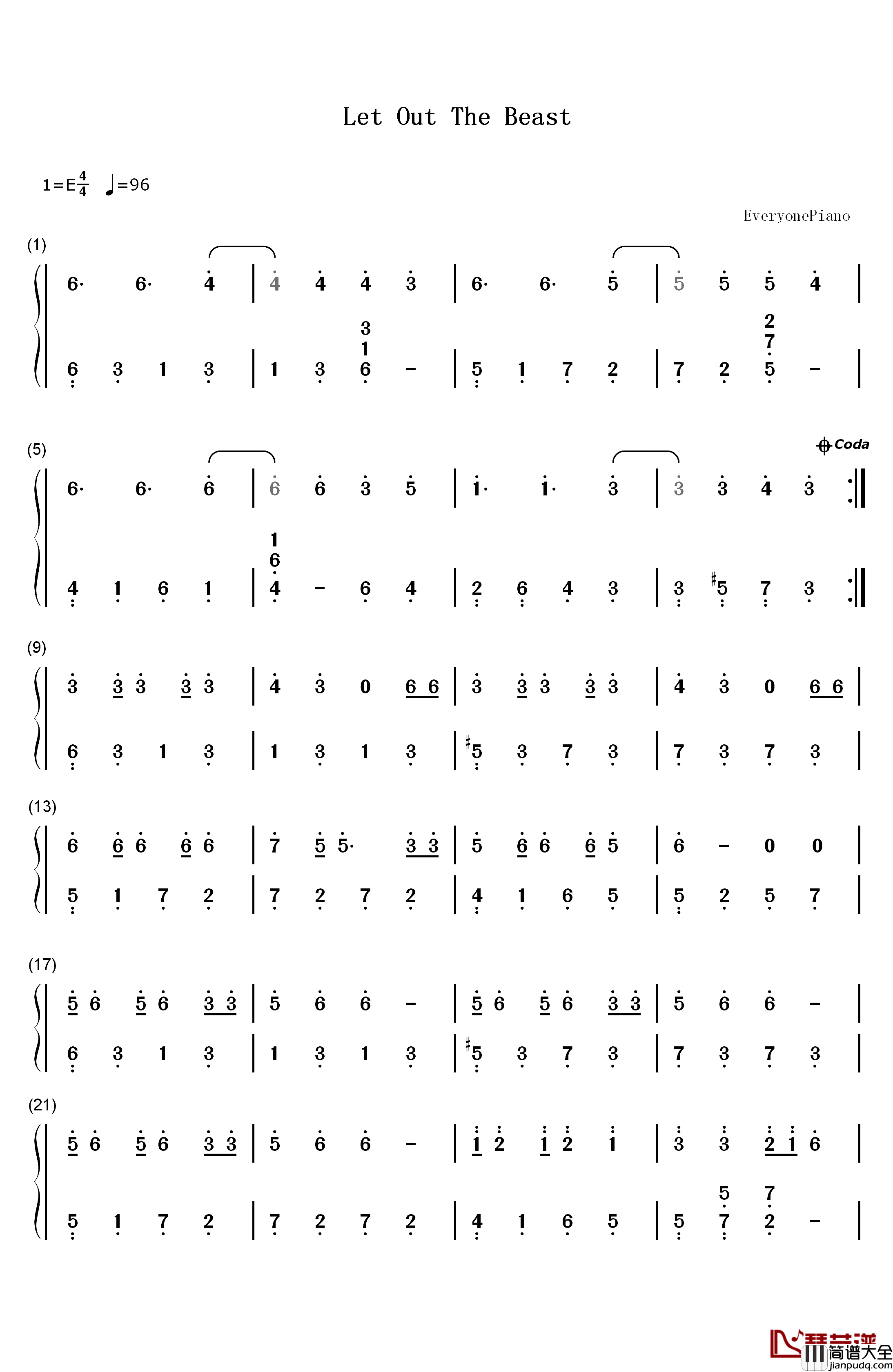 Let_Out_the_Beast钢琴简谱_数字双手_EXO
