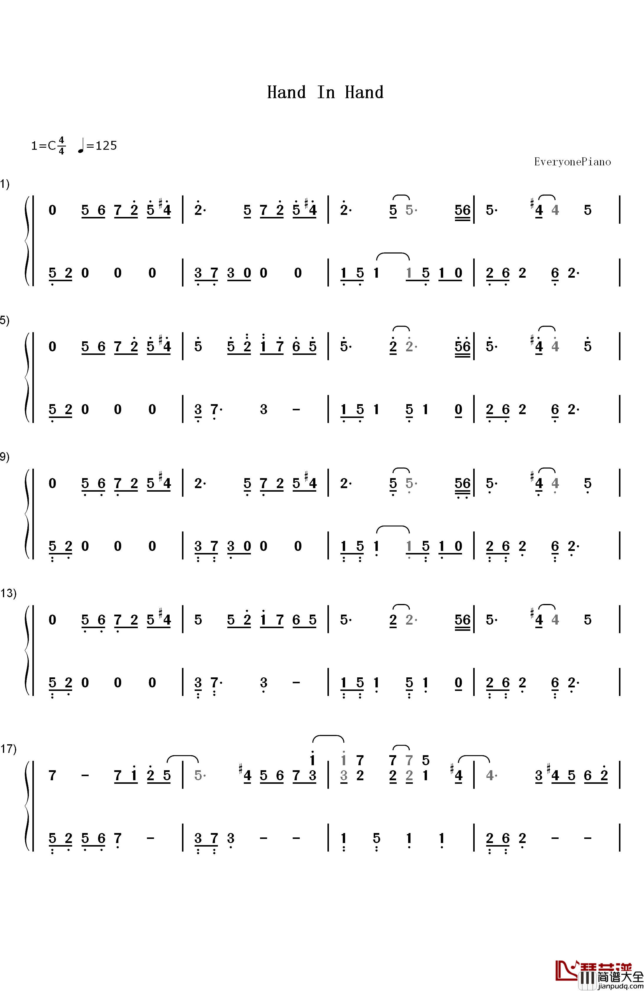 Hand_In_Hand钢琴简谱_数字双手_Steve_Haun