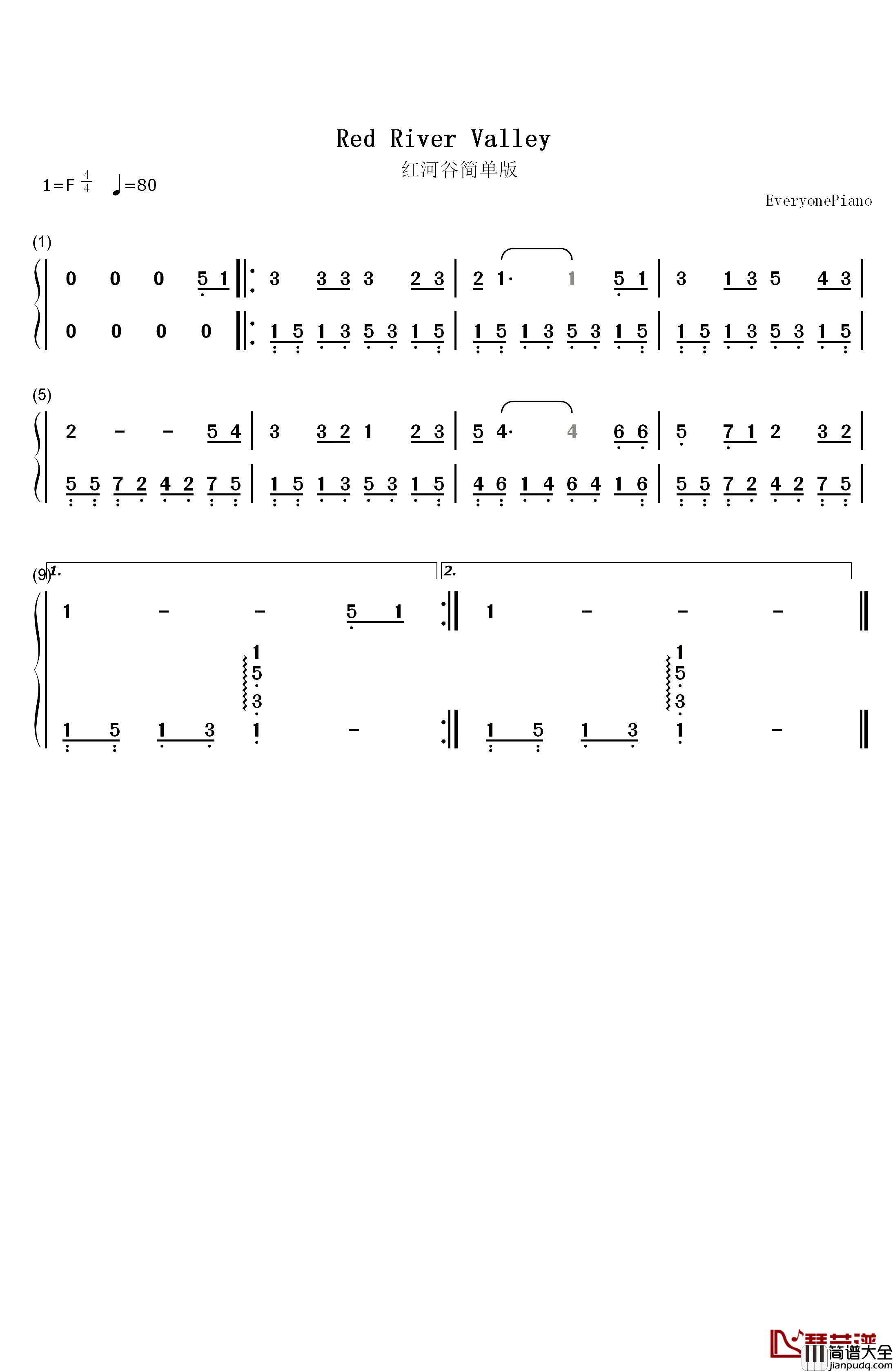 红河谷简单版钢琴简谱_数字双手_加拿大民歌