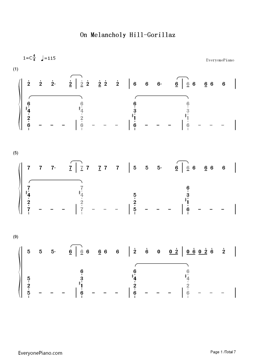 On_Melancholy_Hill钢琴简谱_数字双手_Gorillaz