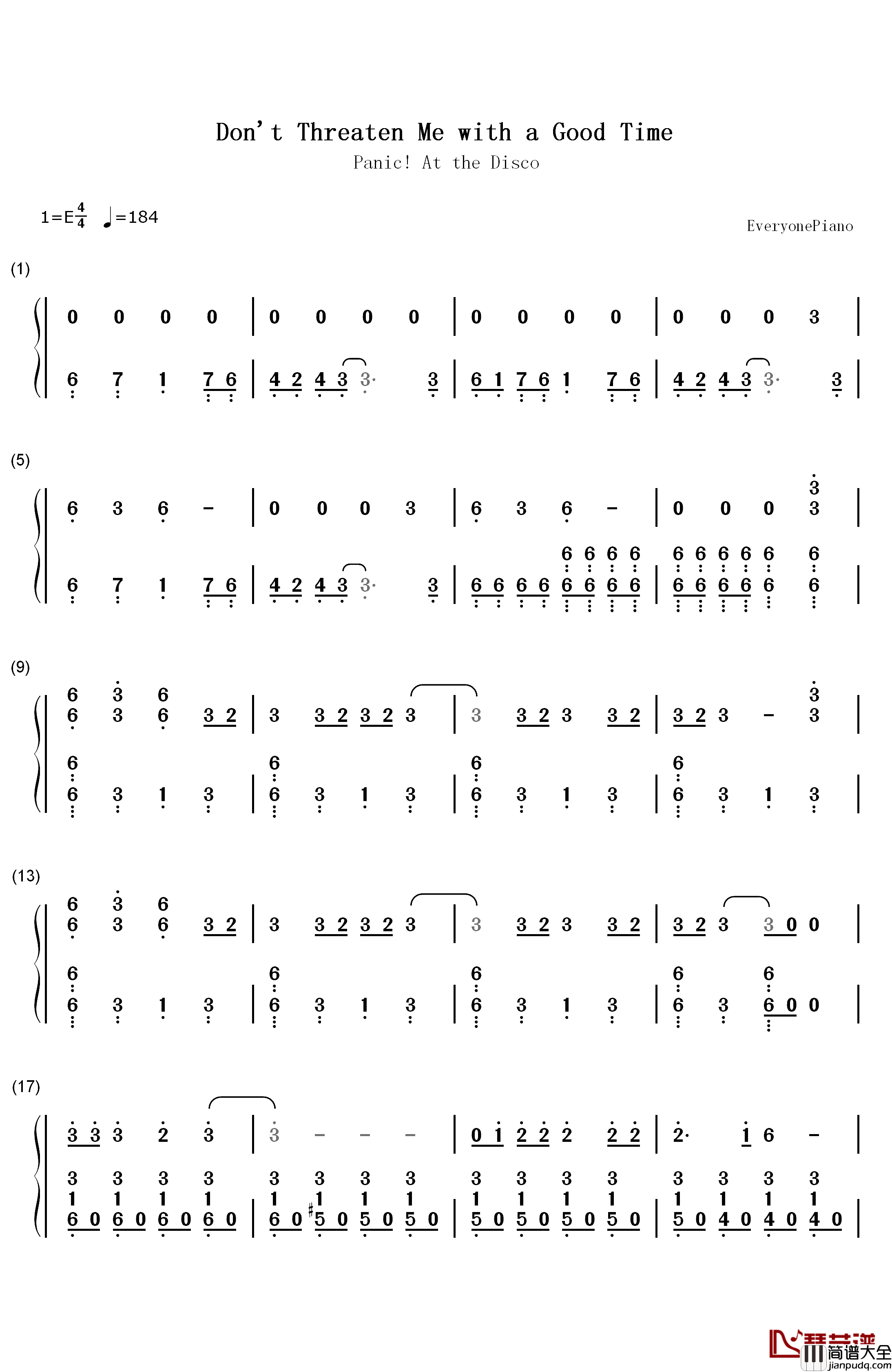 Don't_Threaten_Me_with_a_Good_Time钢琴简谱_数字双手_Panic_at_the_Disco