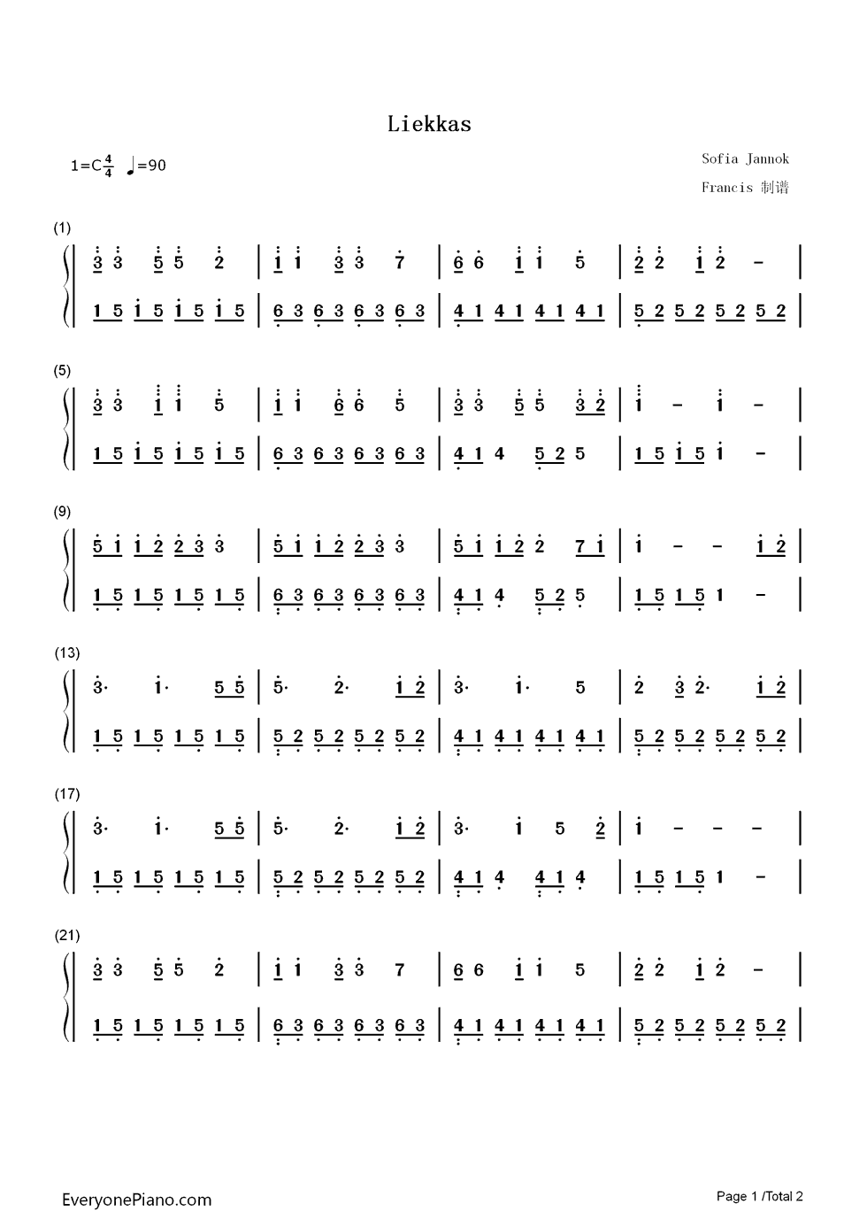 Liekkas钢琴简谱_数字双手_Sofia_Jannok