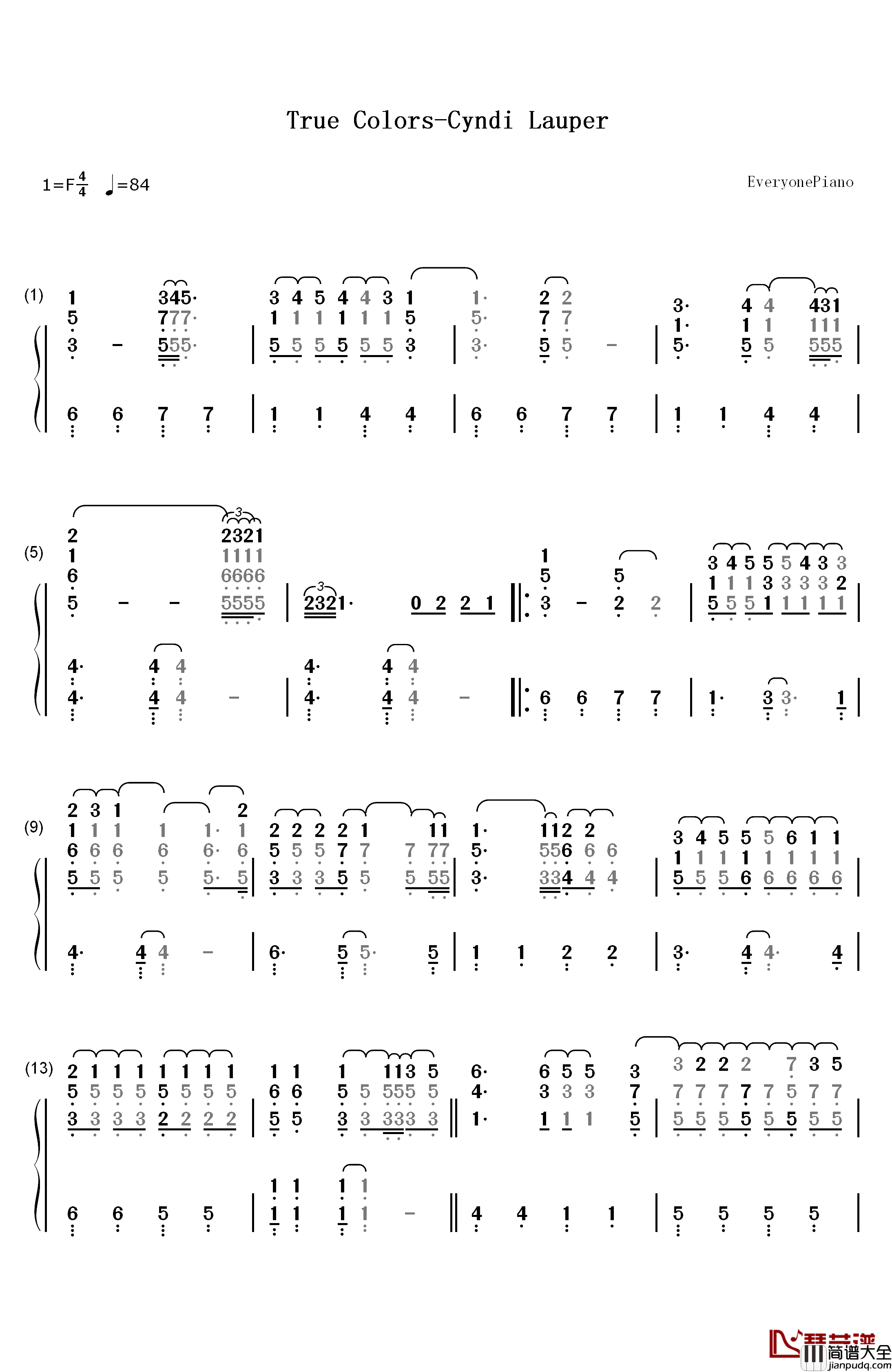 True_Colors钢琴简谱_数字双手_Cyndi_Lauper
