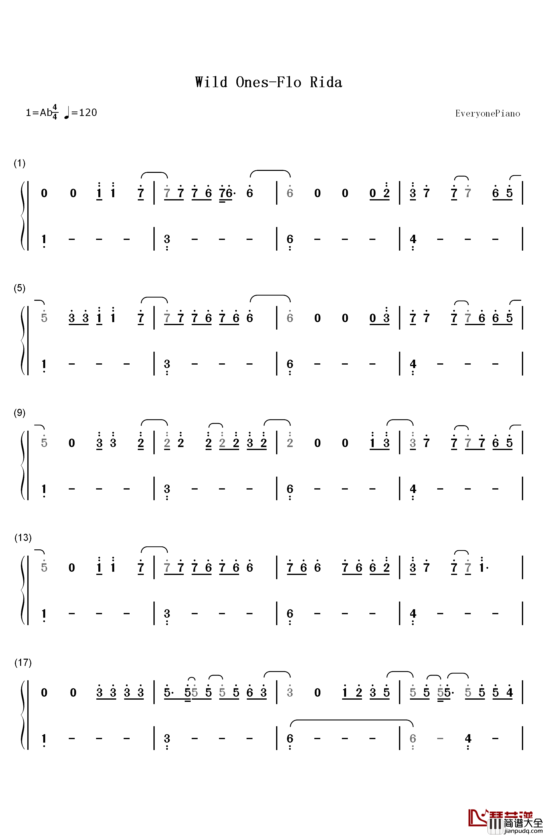 Wild_Ones钢琴简谱_数字双手_Flo_Rida