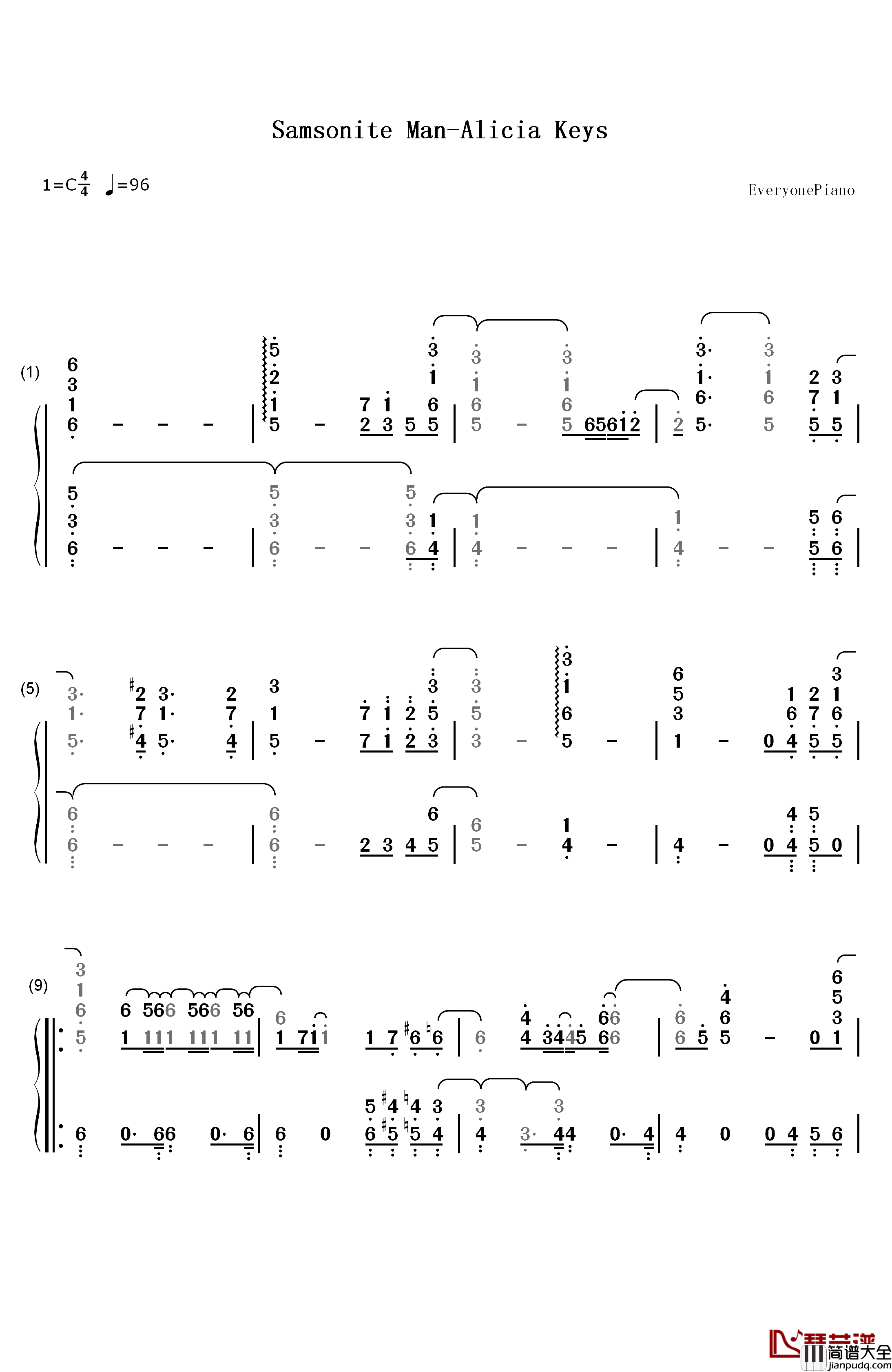 Samsonite_Man钢琴简谱_数字双手_Alicia_Keys