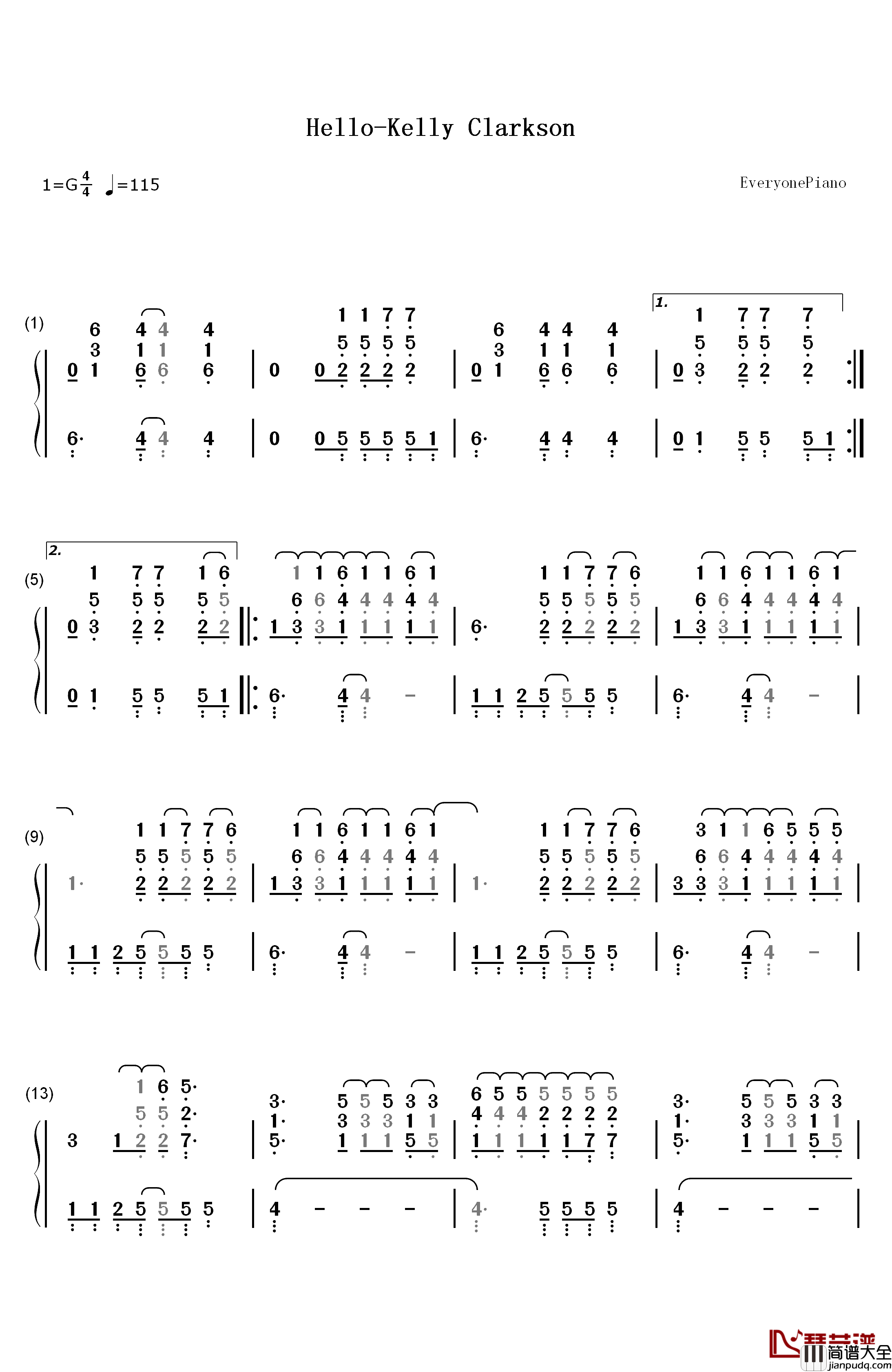 Hello钢琴简谱_数字双手_Kelly_Clarkson