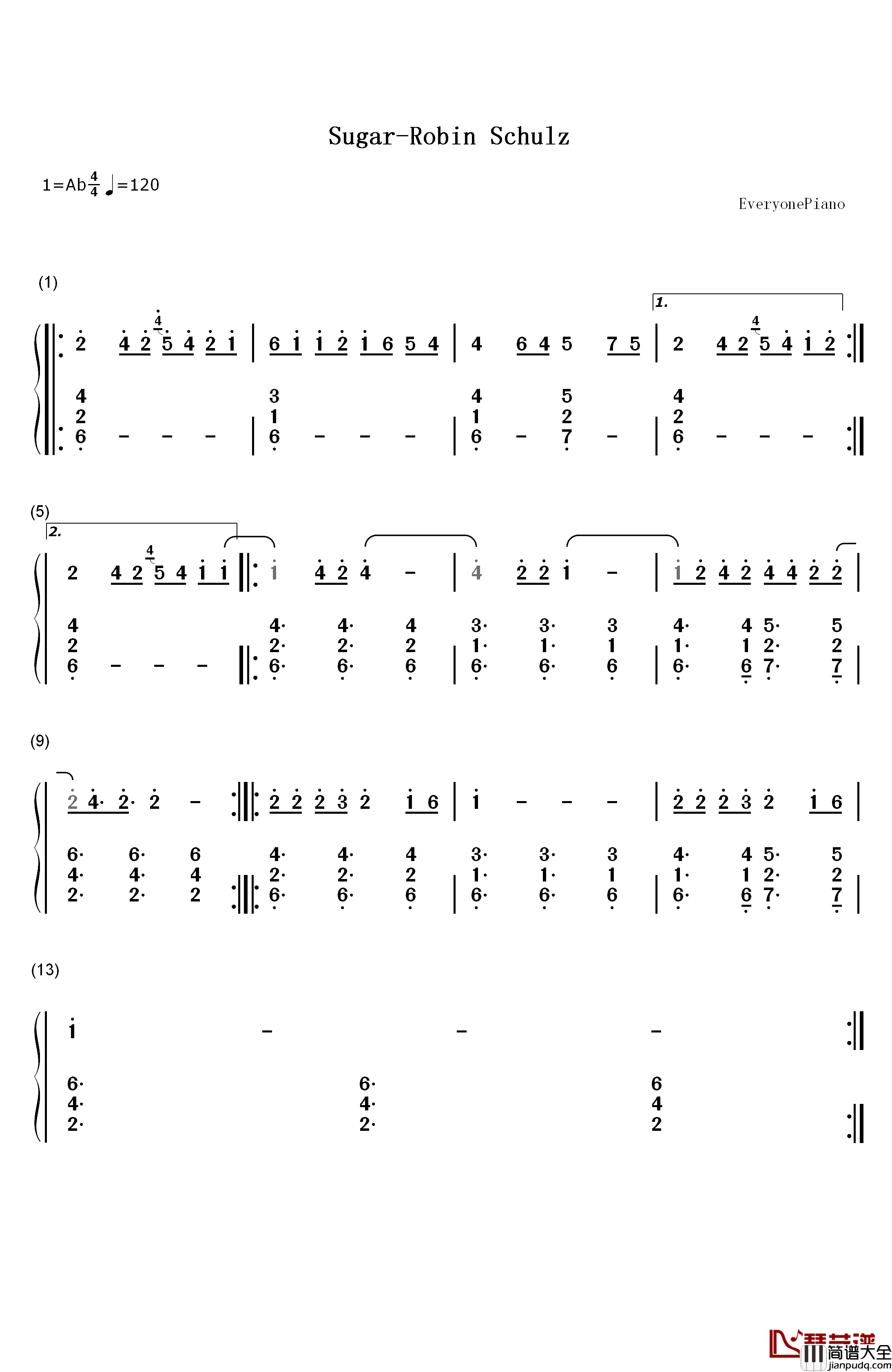 Sugar钢琴简谱_数字双手_Sugar_Robin_Schulz