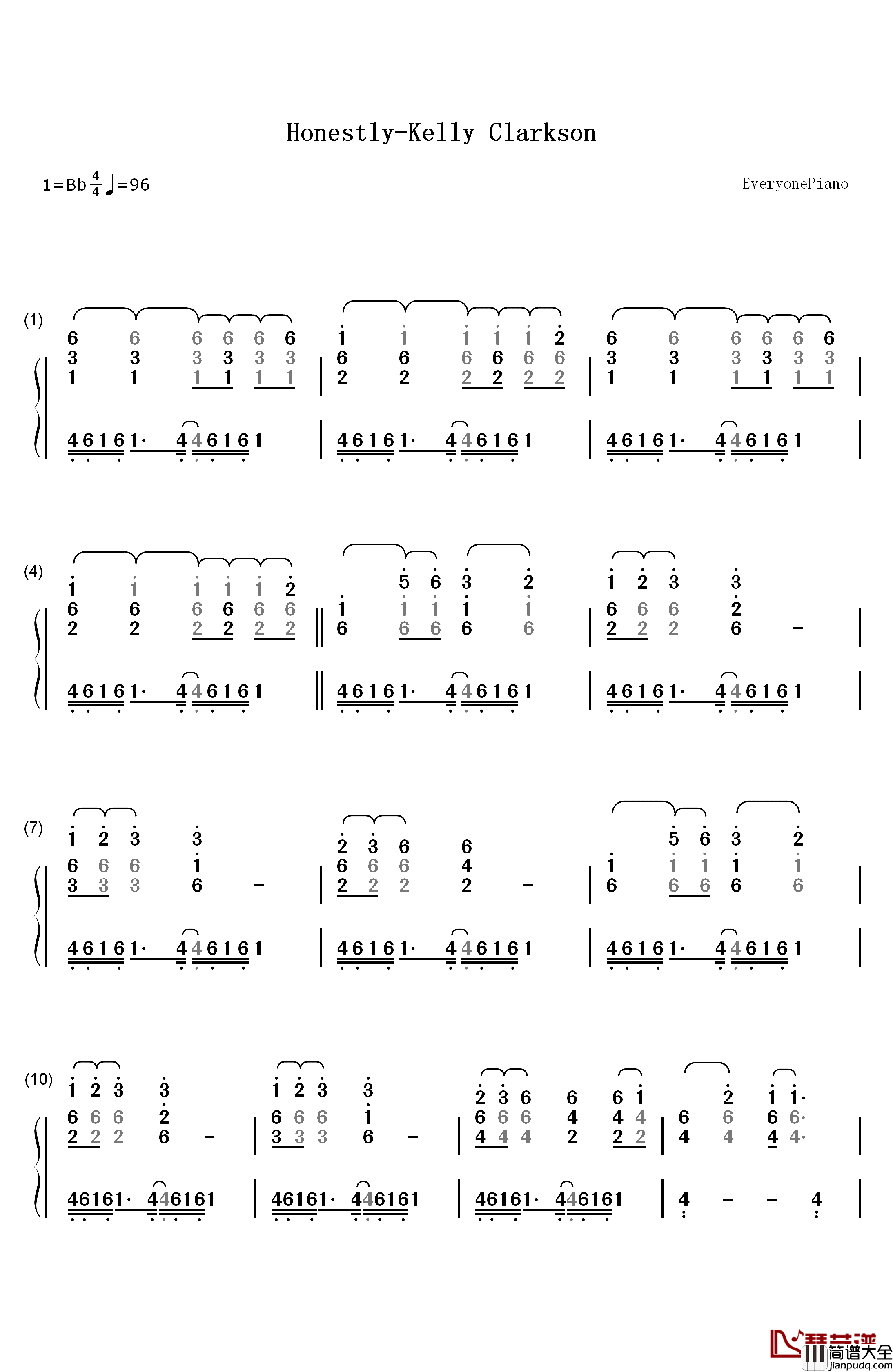 Honestly钢琴简谱_数字双手_Kelly_Clarkson