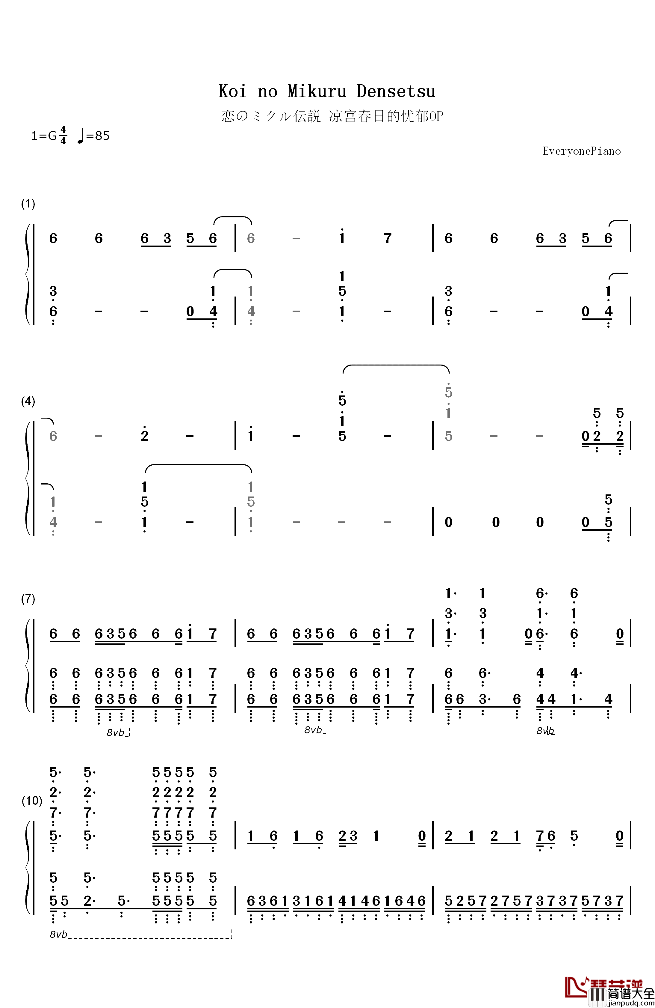 恋のミクル伝説钢琴简谱_数字双手_后藤邑子