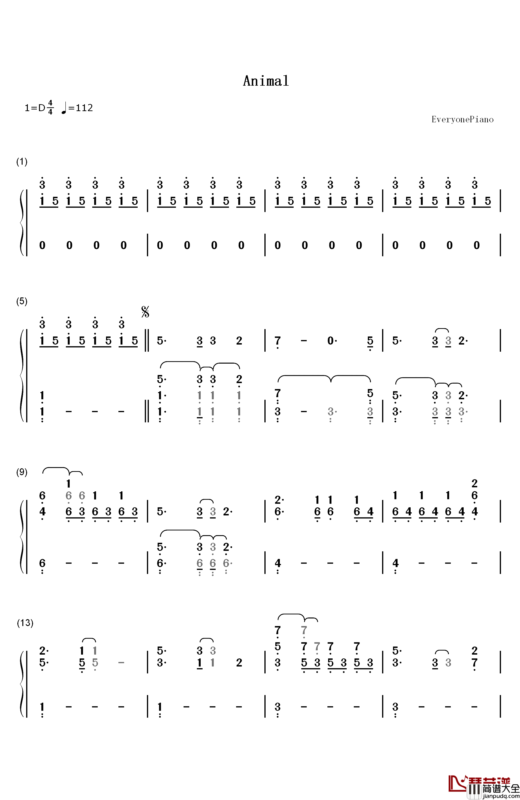 Animal钢琴简谱_数字双手_Kesha