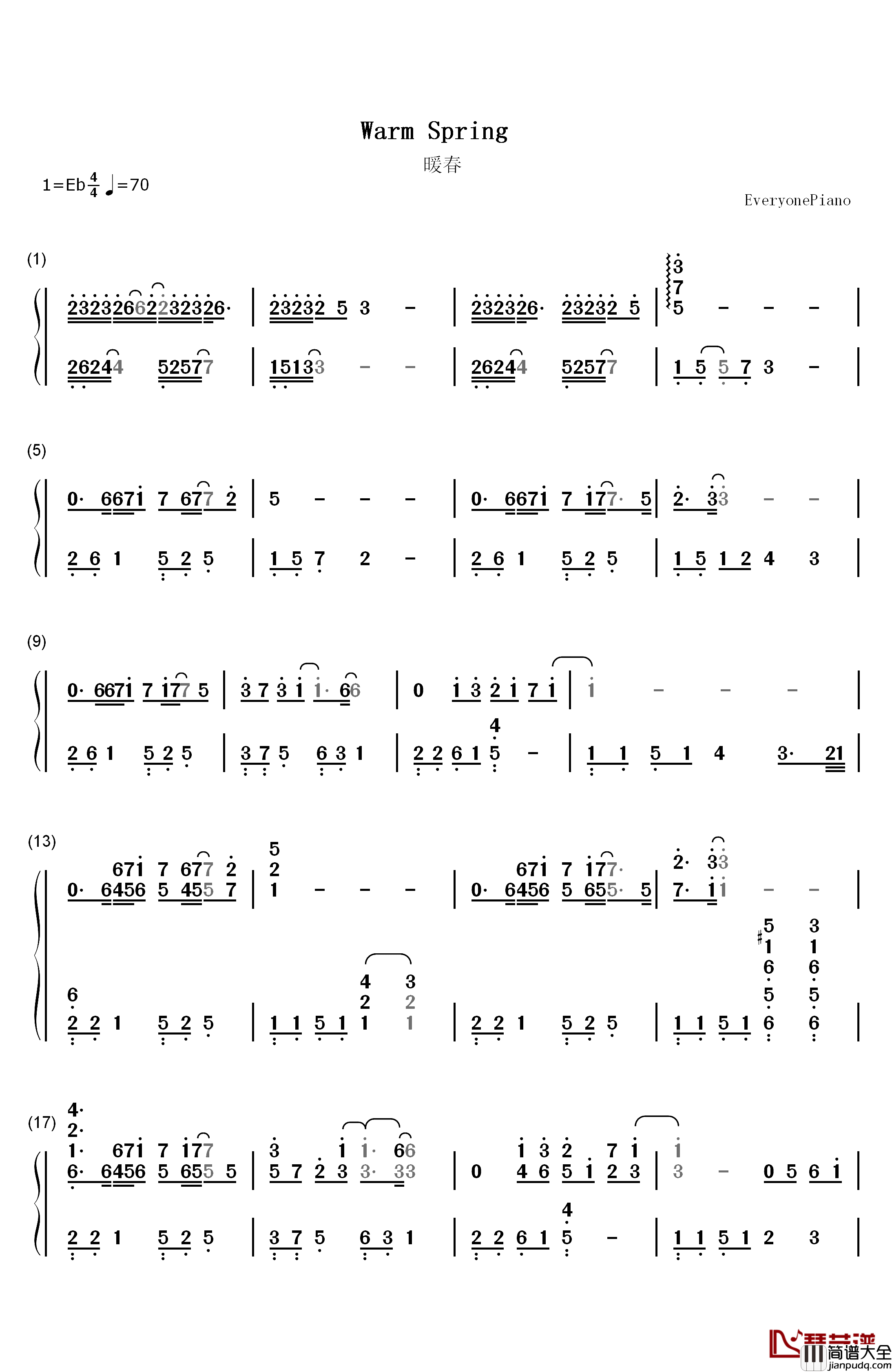 暖春钢琴简谱_数字双手_暖春_牛奶咖啡