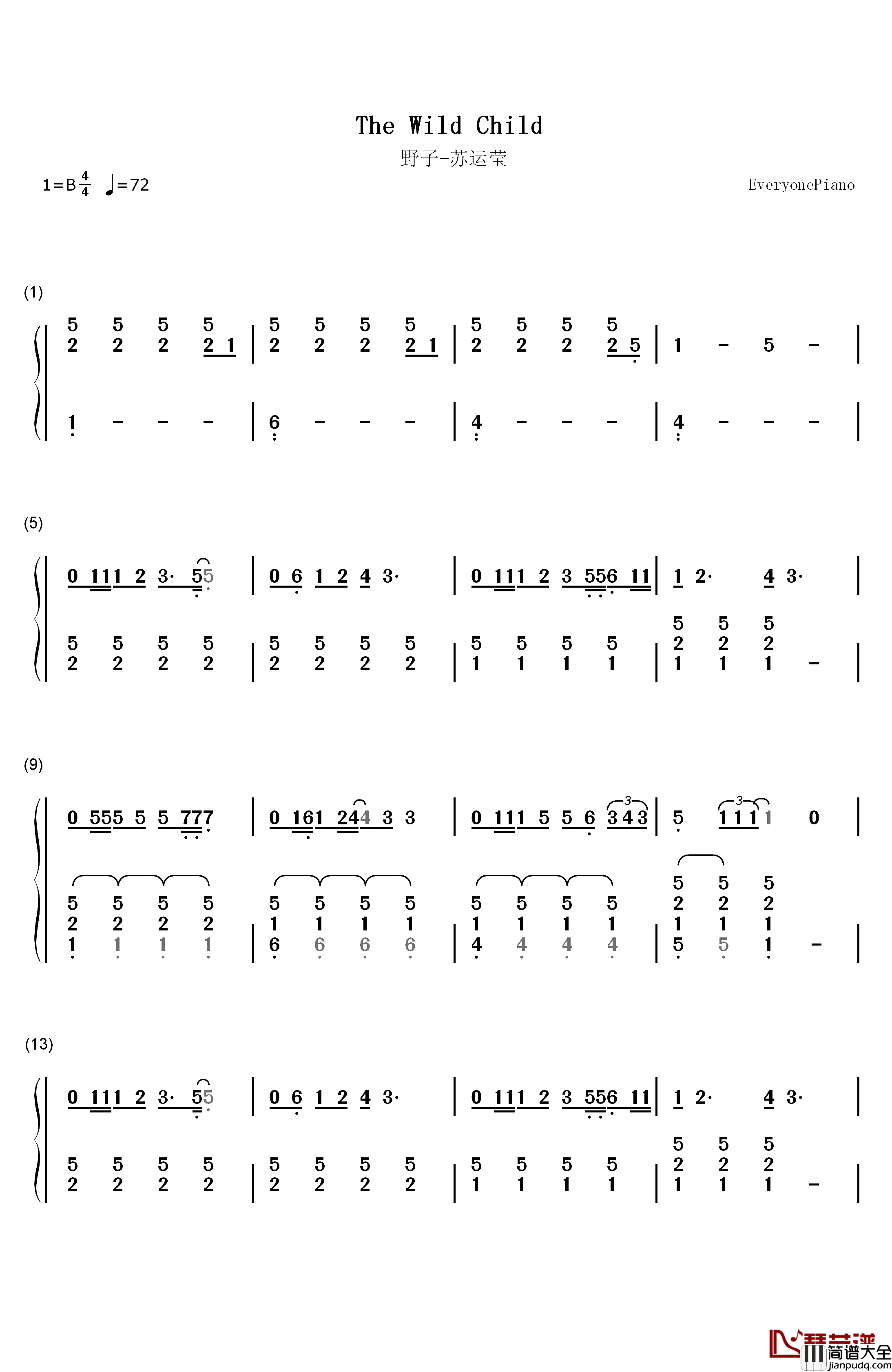 野子钢琴简谱_数字双手_苏运莹