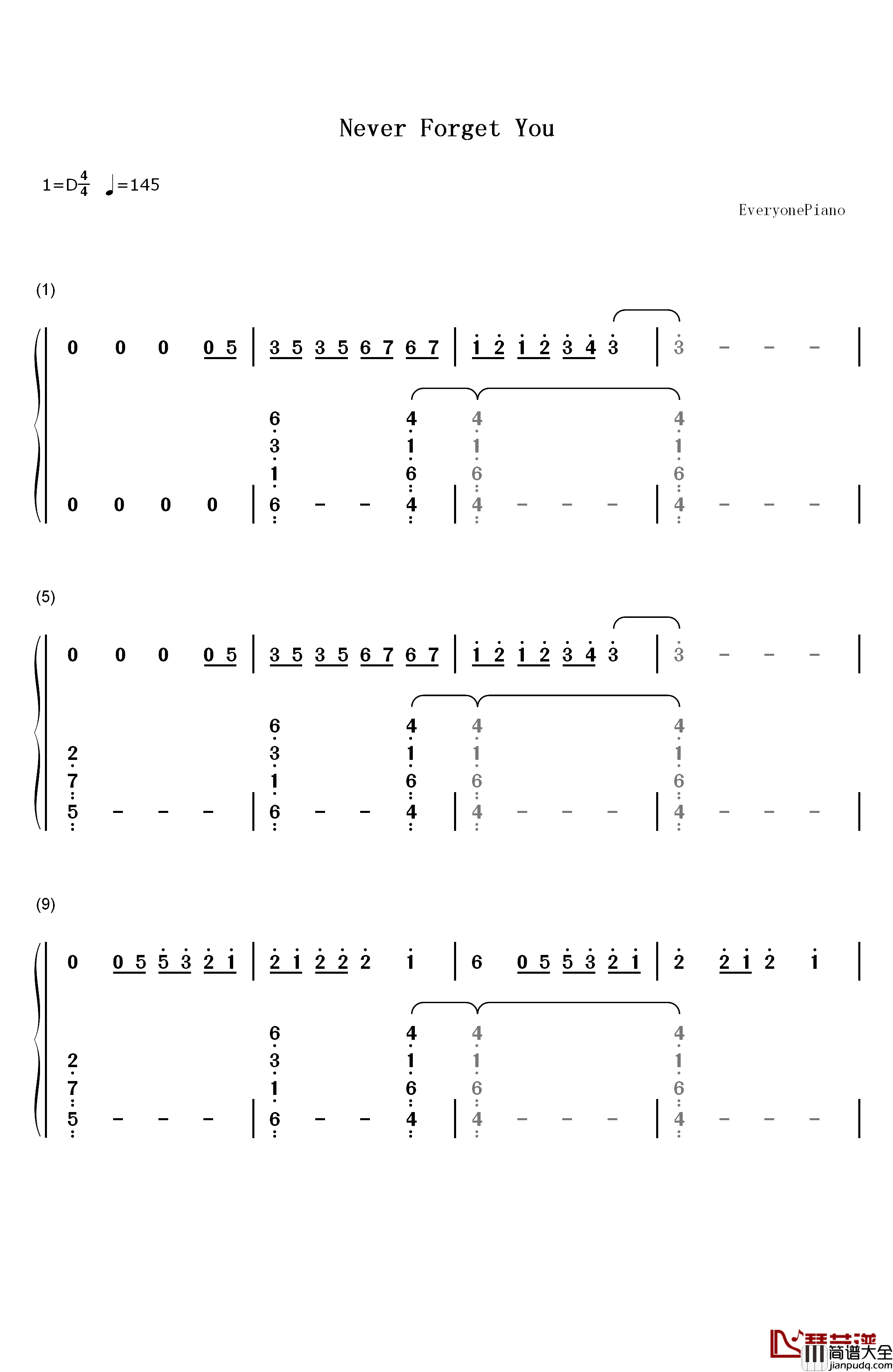 Never_Forget_You钢琴简谱_数字双手_Zara_Larsson_&_MNEK