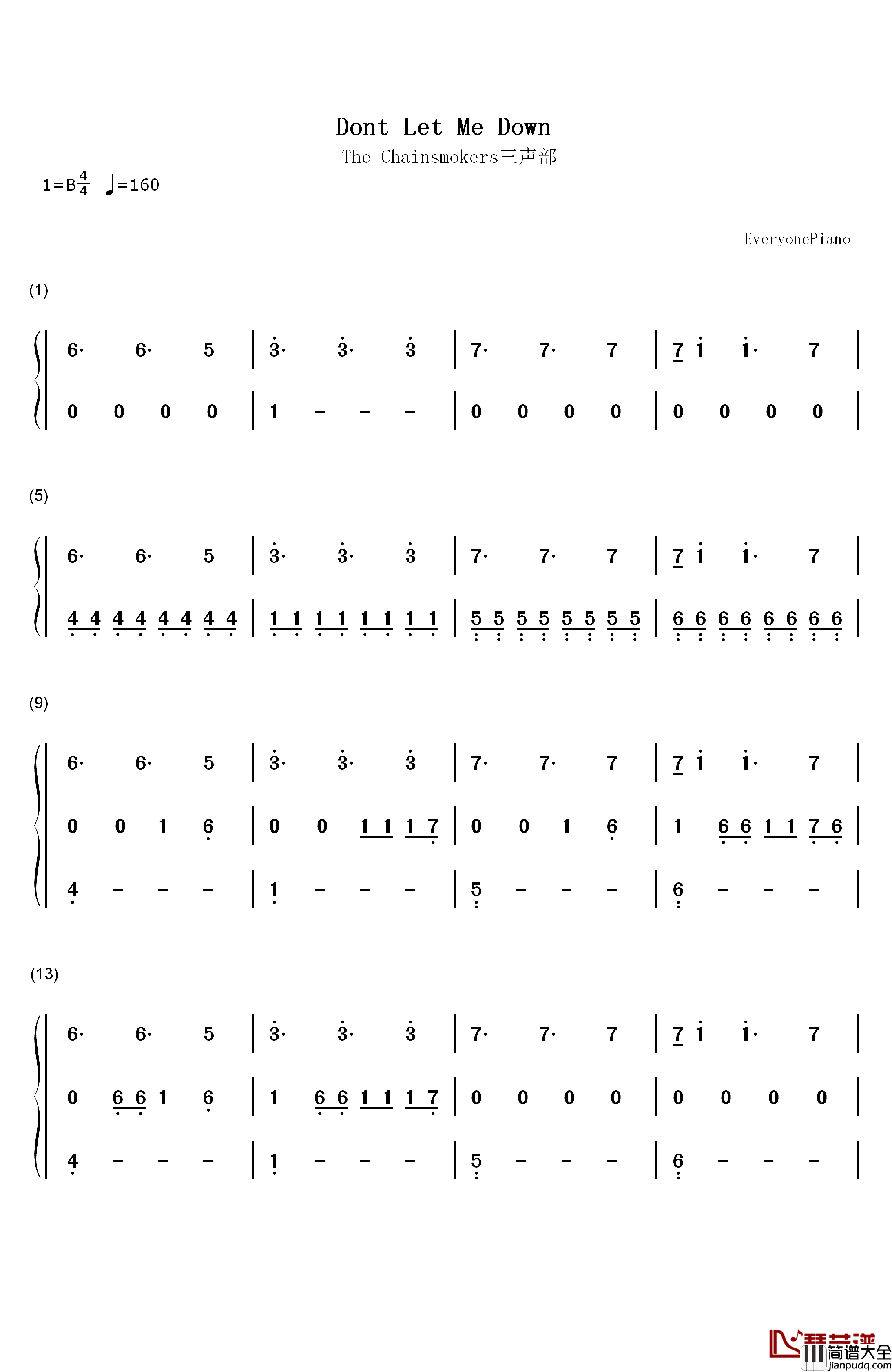 Dont_Let_Me_Down（三声部）钢琴简谱_数字双手_The_Chainsmokers