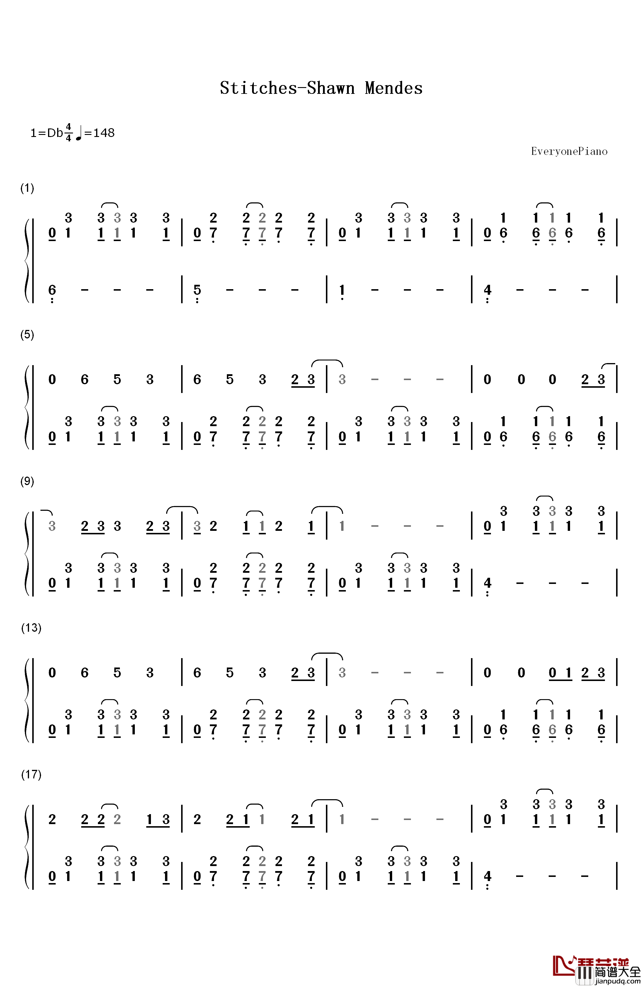 Stitches钢琴简谱_数字双手_Shawn_Mendes