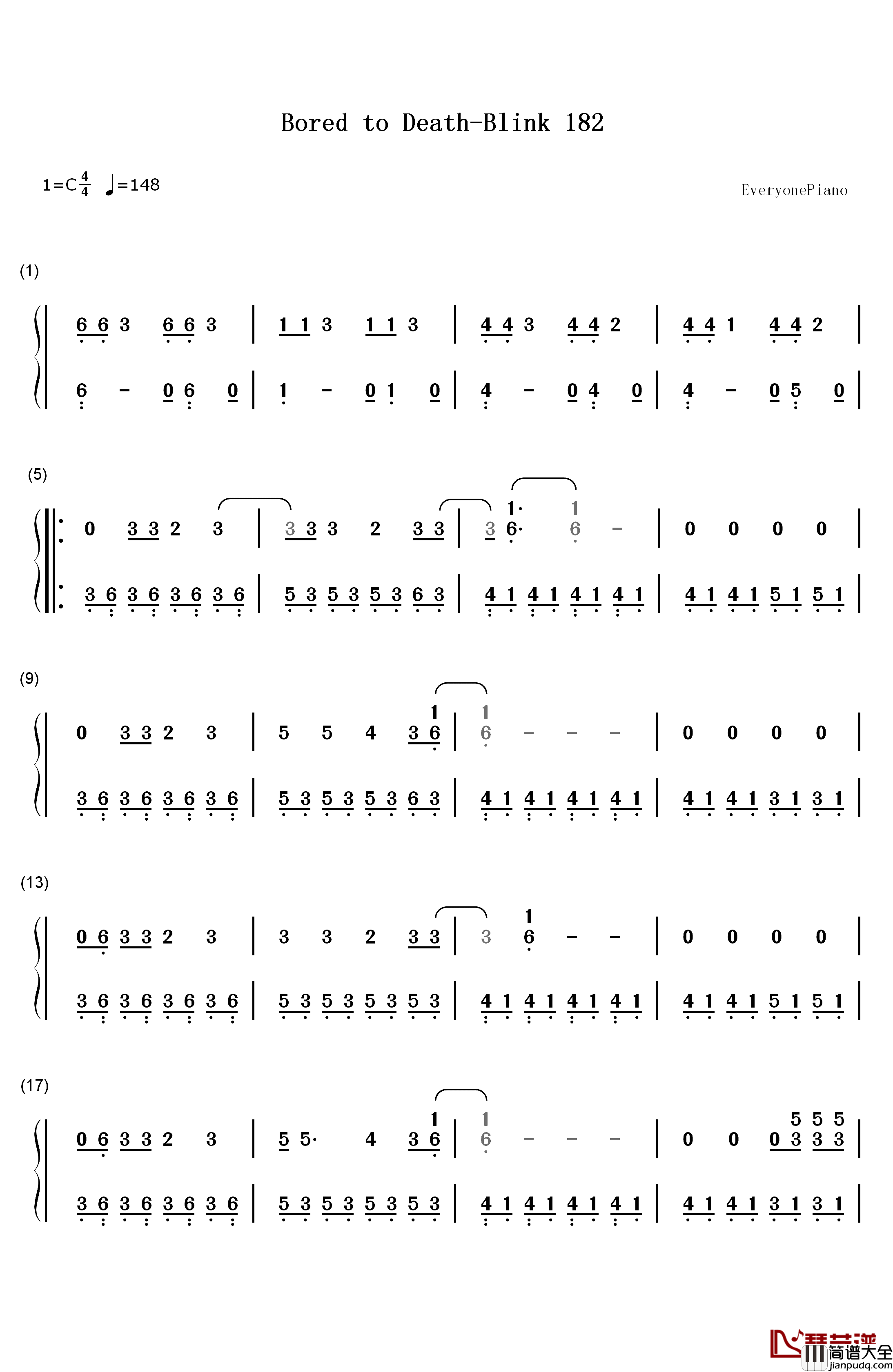 Bored_to_Death钢琴简谱_数字双手_Blink_182