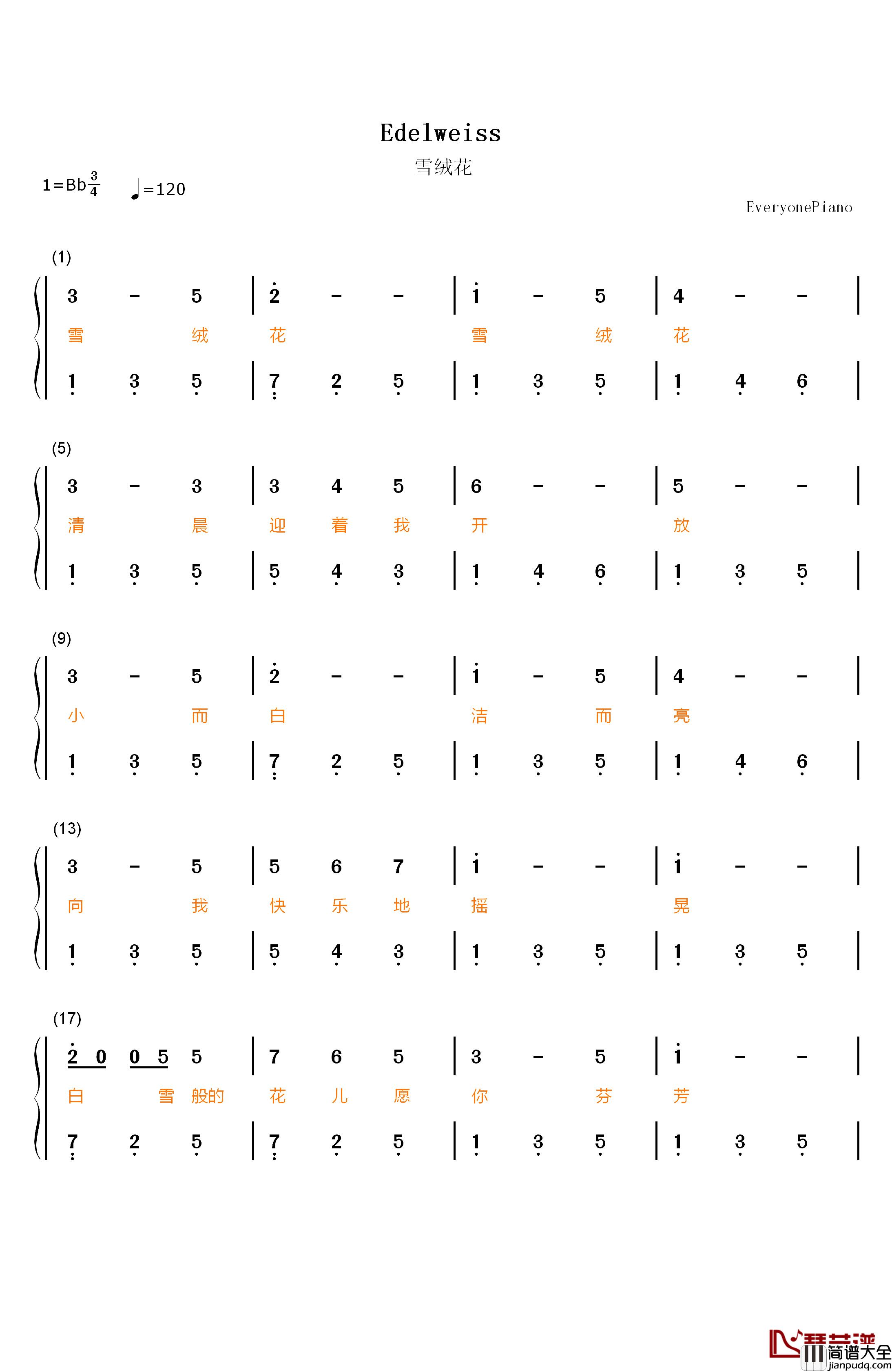 雪绒花(带歌词版)钢琴简谱_数字双手_Richard_Rodgers