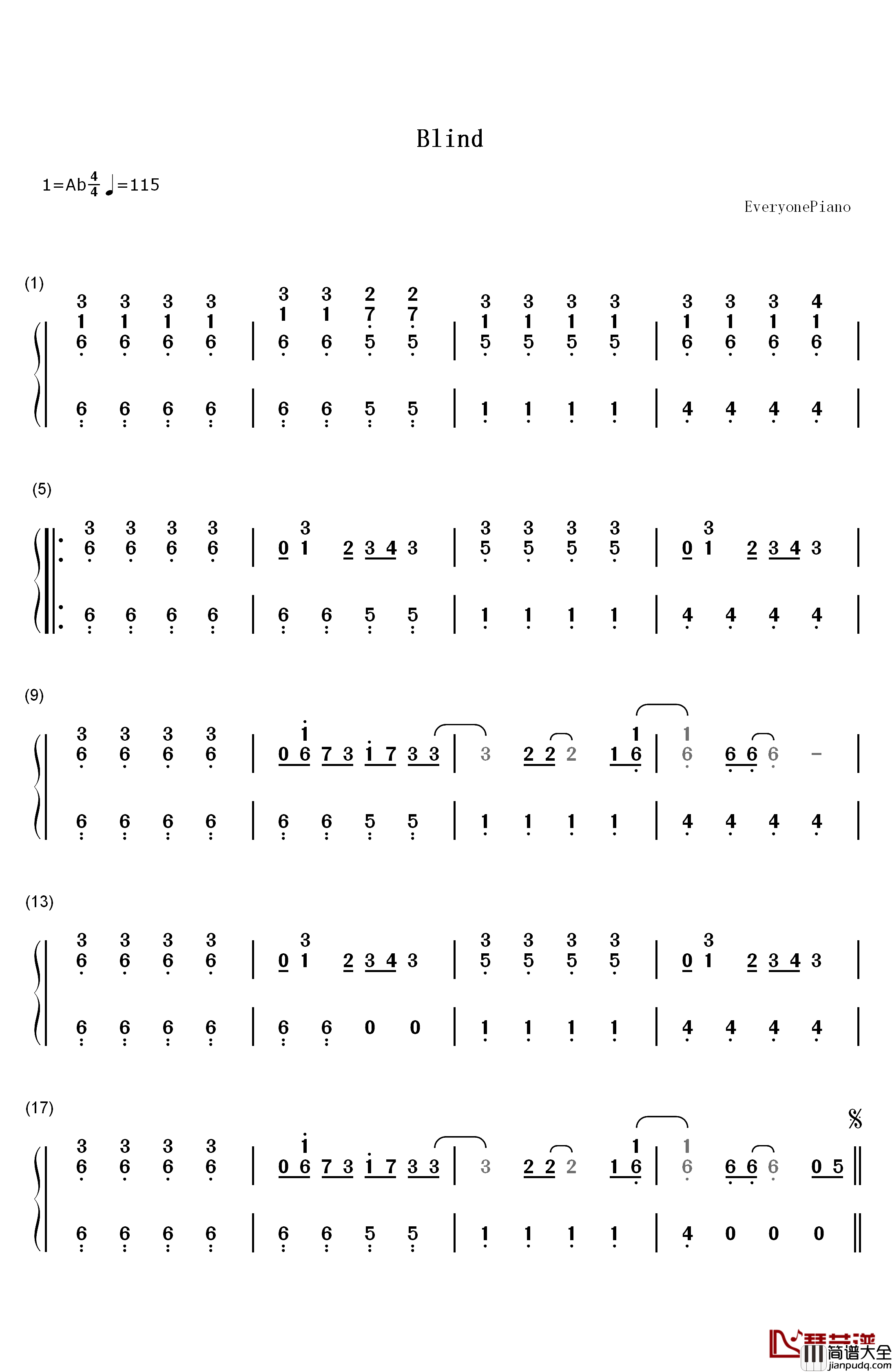 Blind钢琴简谱_数字双手_Blind_Kesha