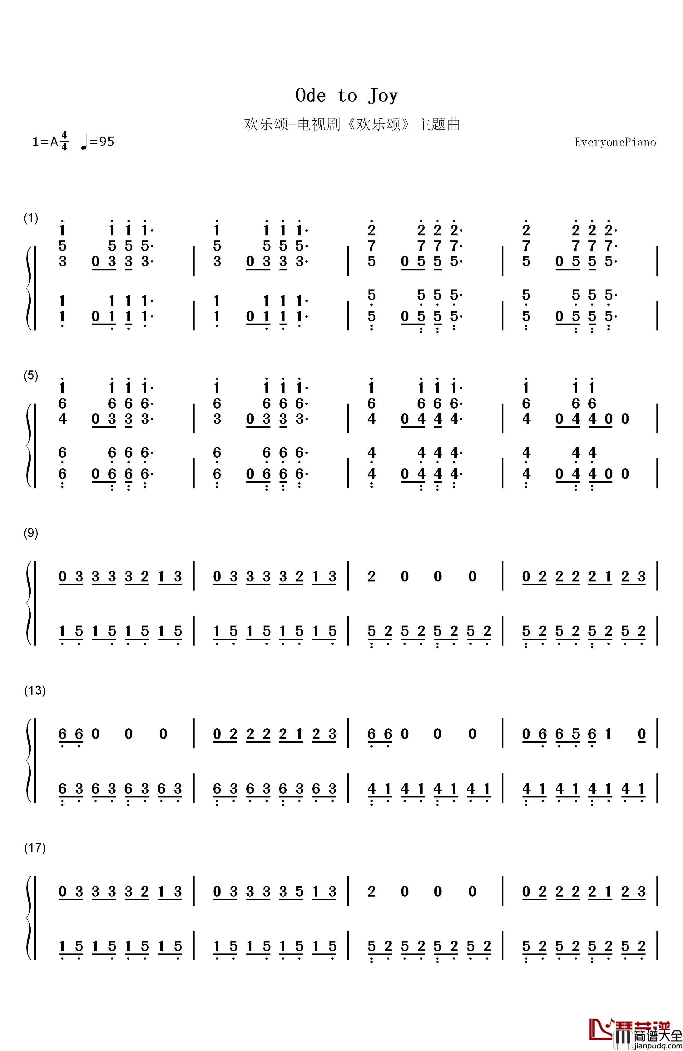 欢乐颂钢琴简谱_数字双手_张江