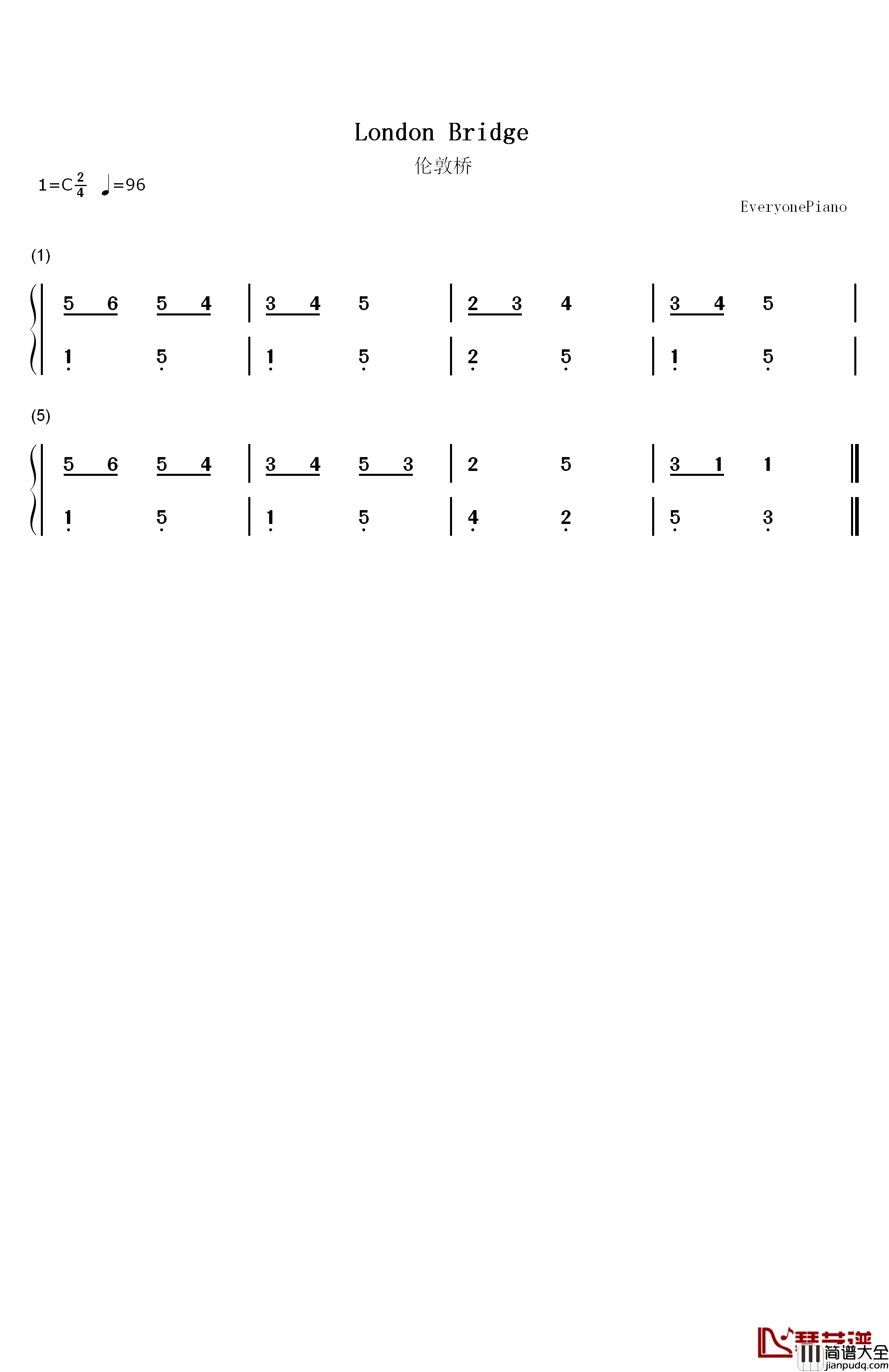 伦敦桥钢琴简谱_数字双手_未知