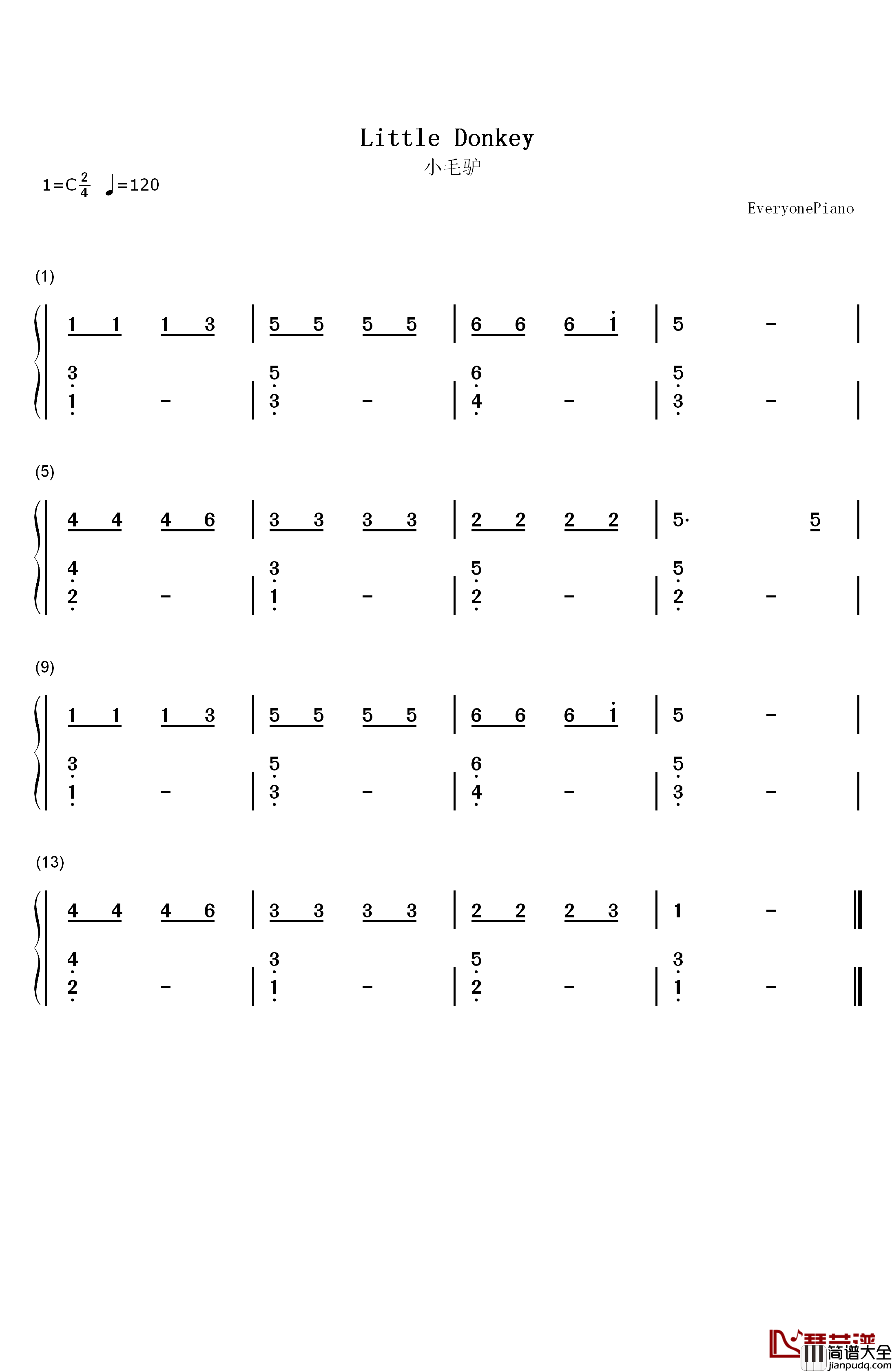 小毛驴钢琴简谱_数字双手_未知
