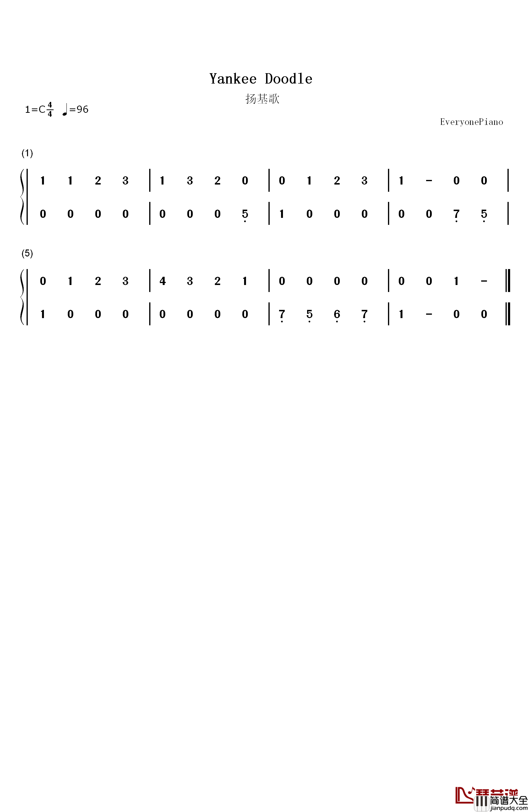 扬基歌钢琴简谱_数字双手_未知