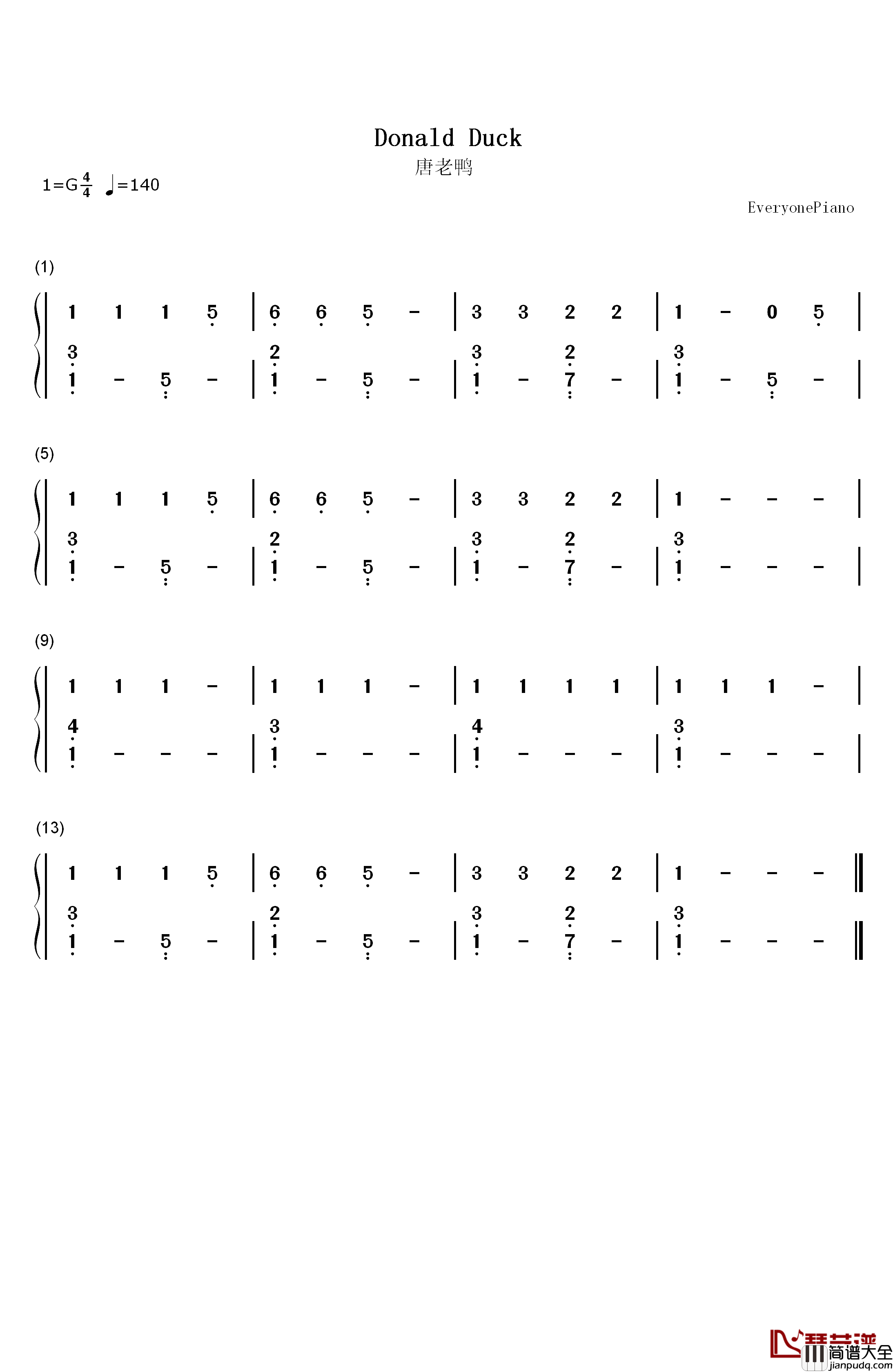 唐老鸭钢琴简谱_数字双手_未知