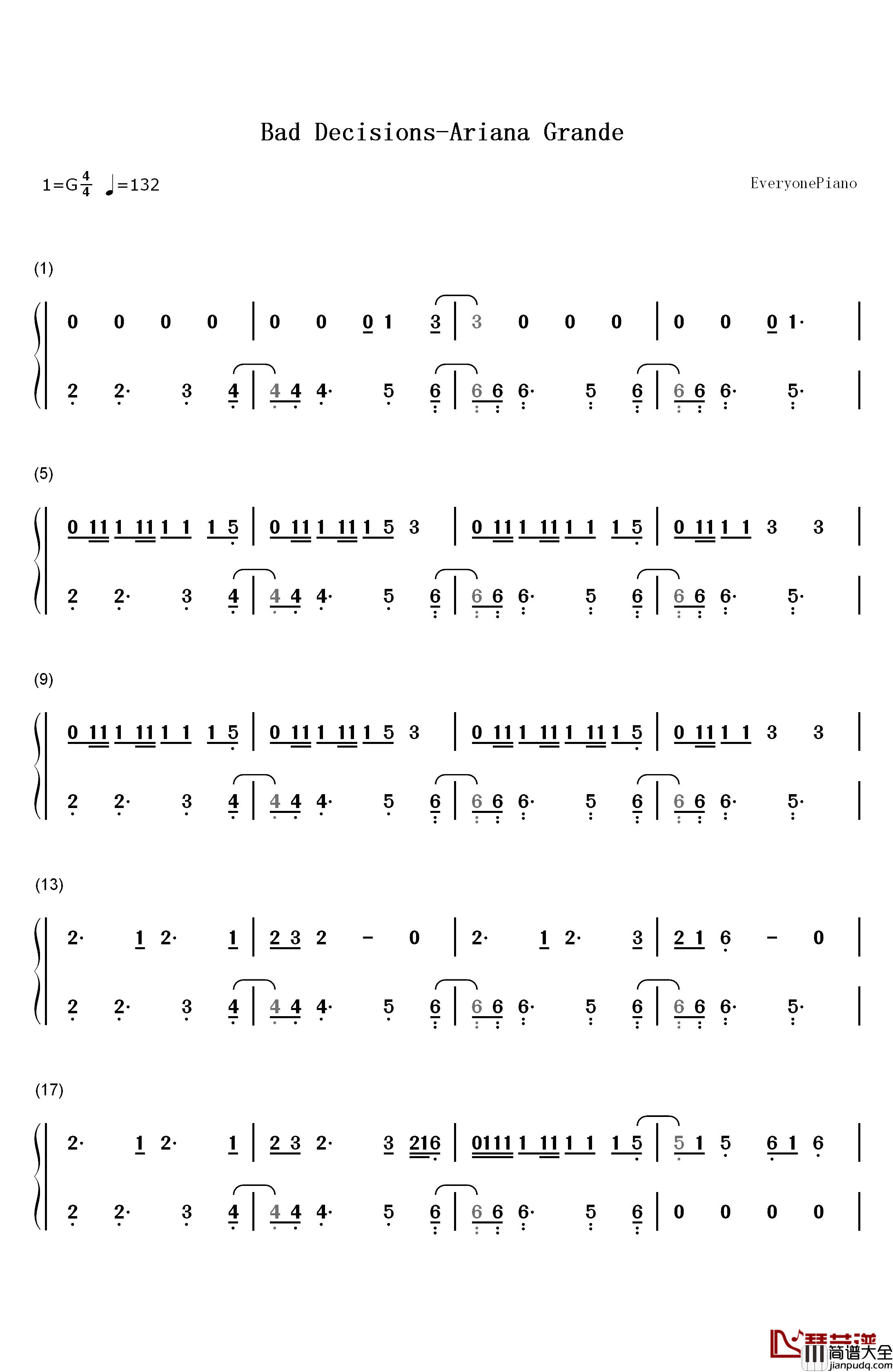 Bad_Decisions钢琴简谱_数字双手_Ariana_Grande