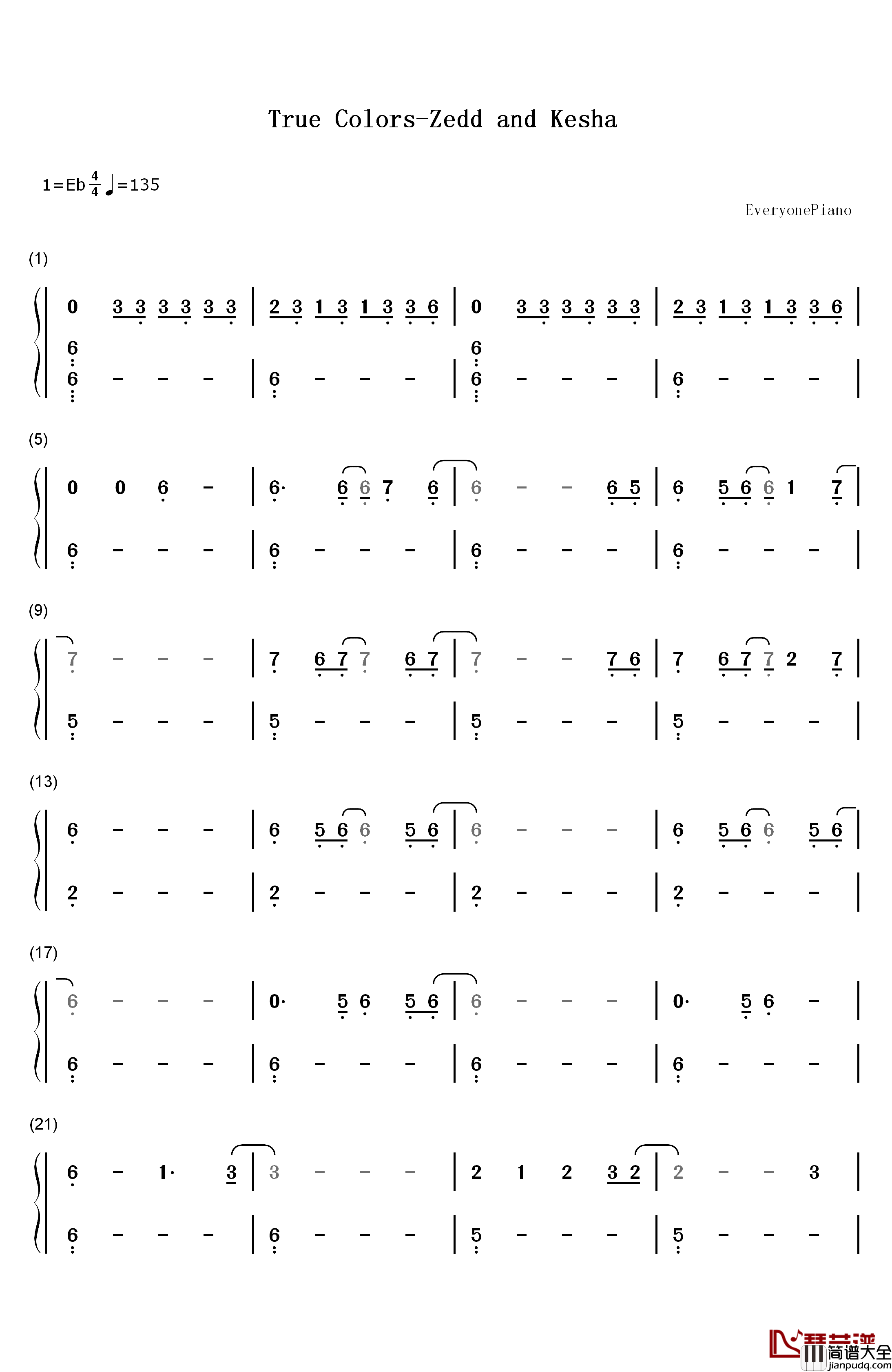True_Colors钢琴简谱_数字双手_Zedd_&_Kesha