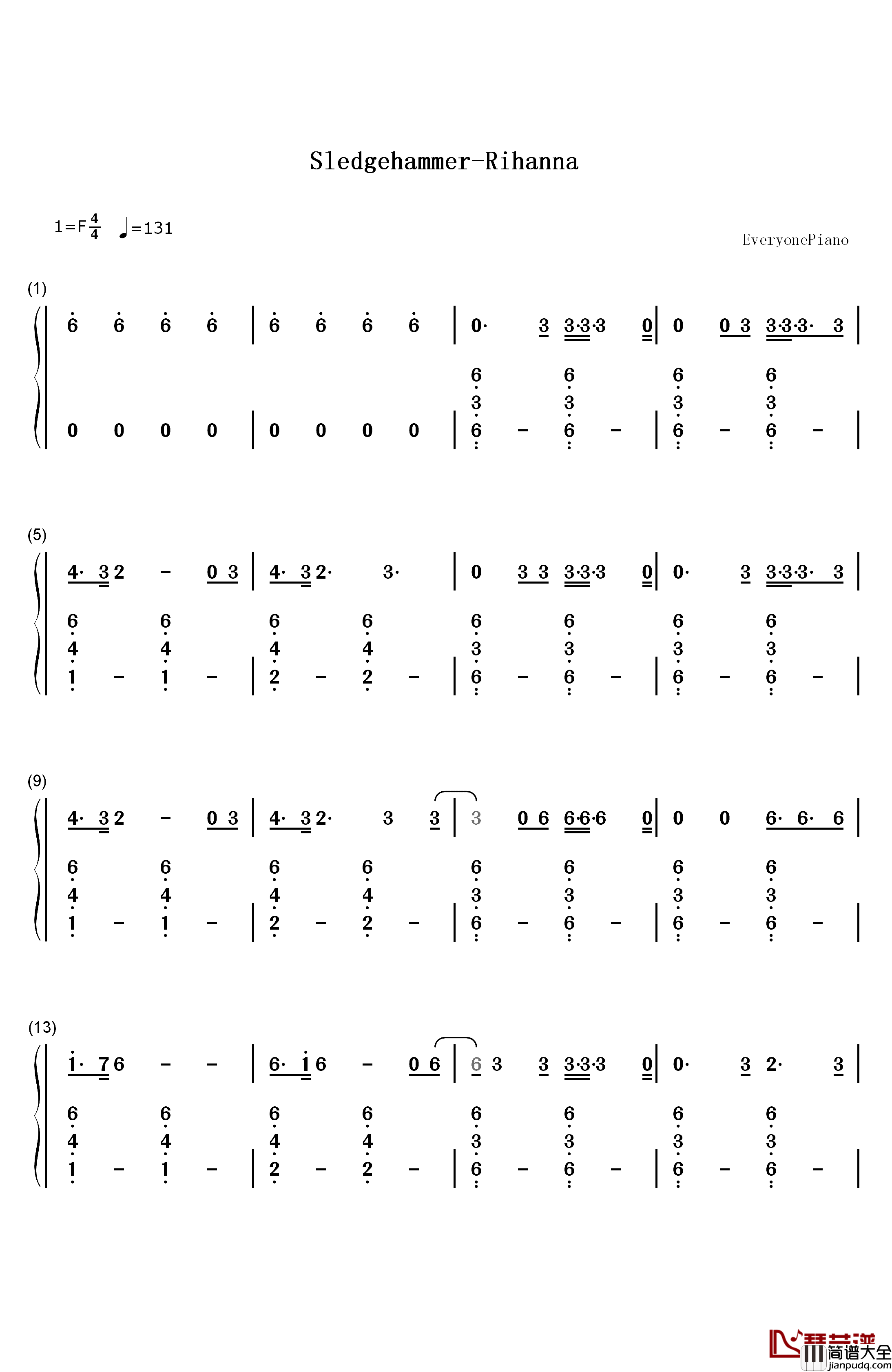 Sledgehammer钢琴简谱_数字双手_Rihanna
