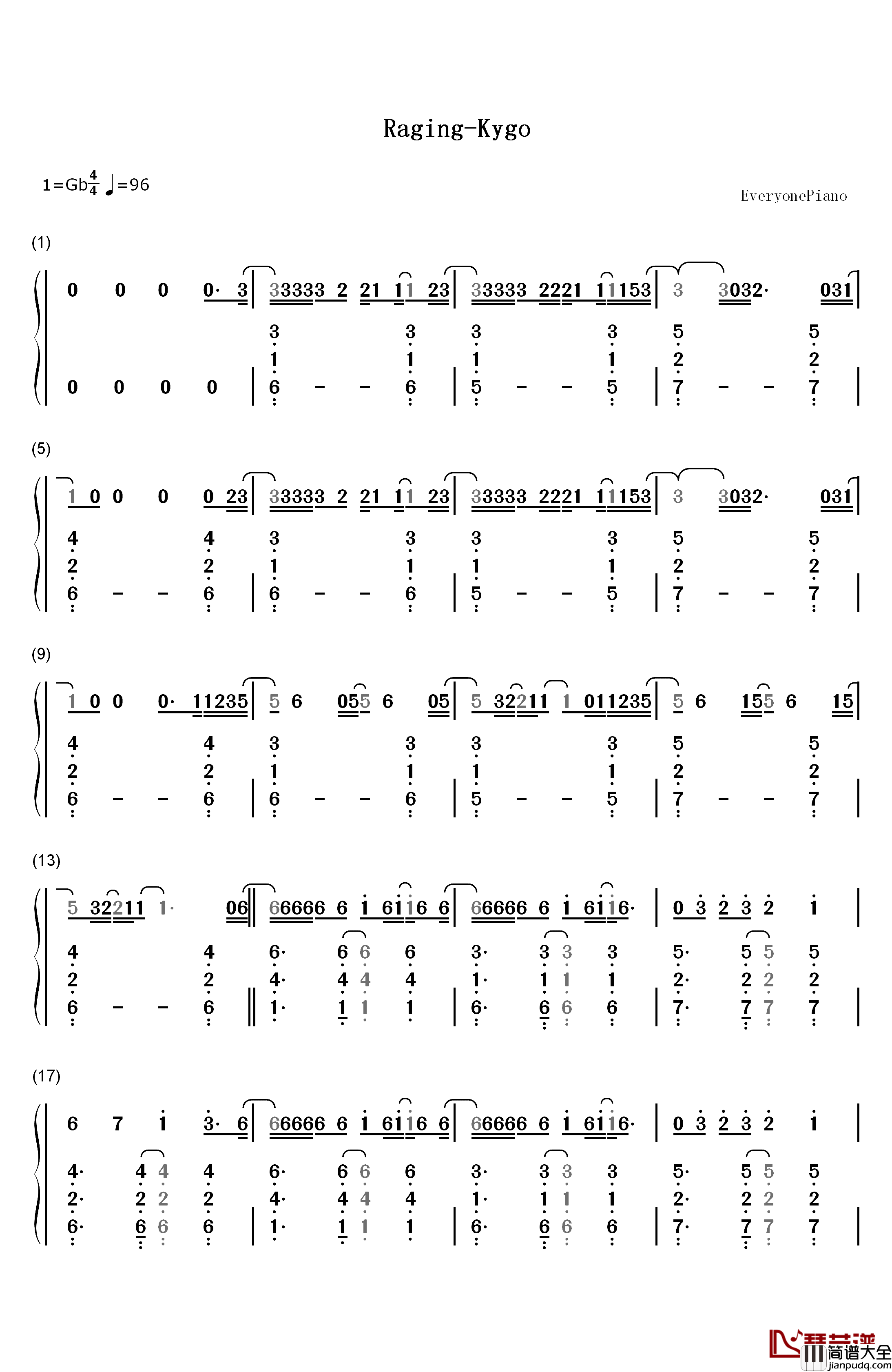 Raging钢琴简谱_数字双手_Kygo_&_Kodaline