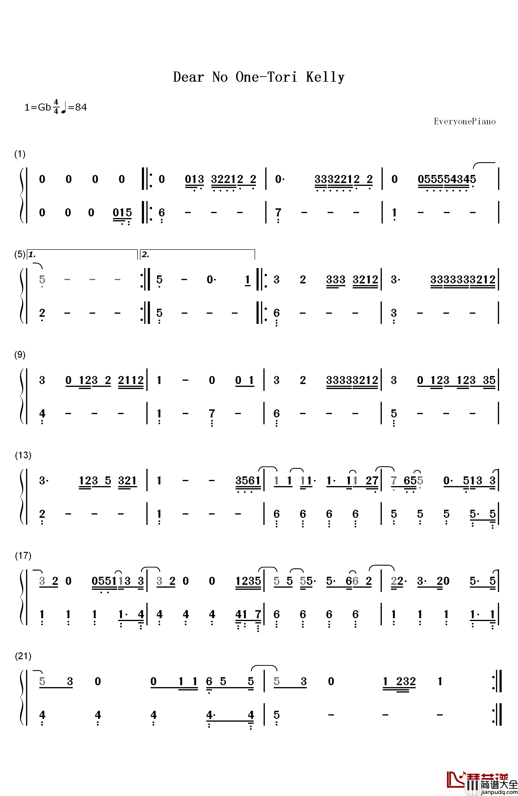 Dear_No_One钢琴简谱_数字双手_Tori_Kelly