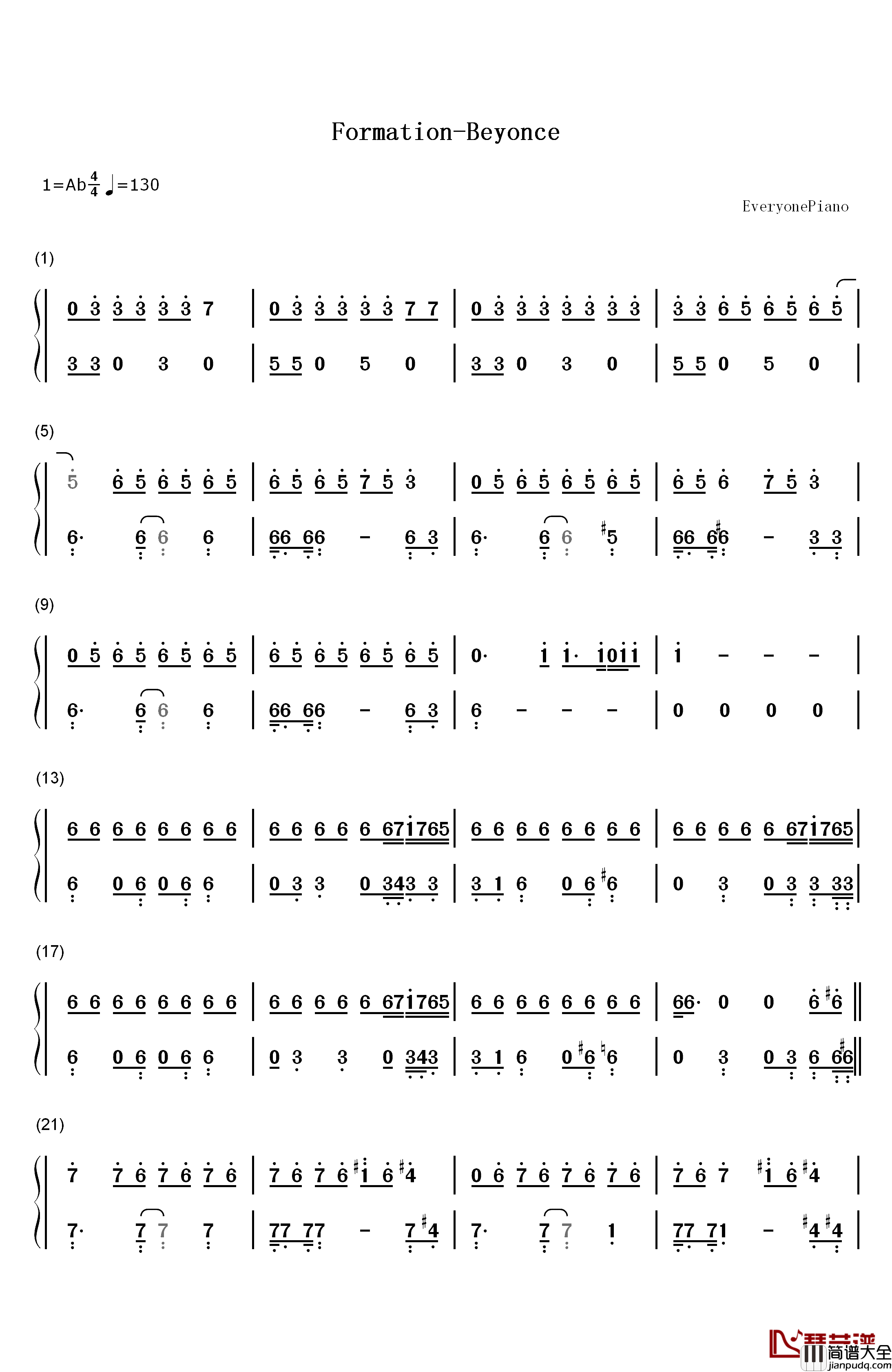 Formation钢琴简谱_数字双手_Beyoncé