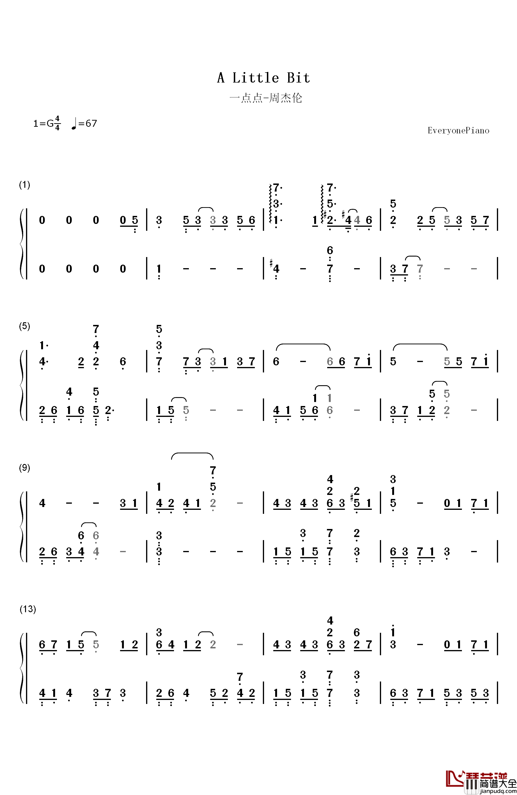 一点点钢琴简谱_数字双手_周杰伦