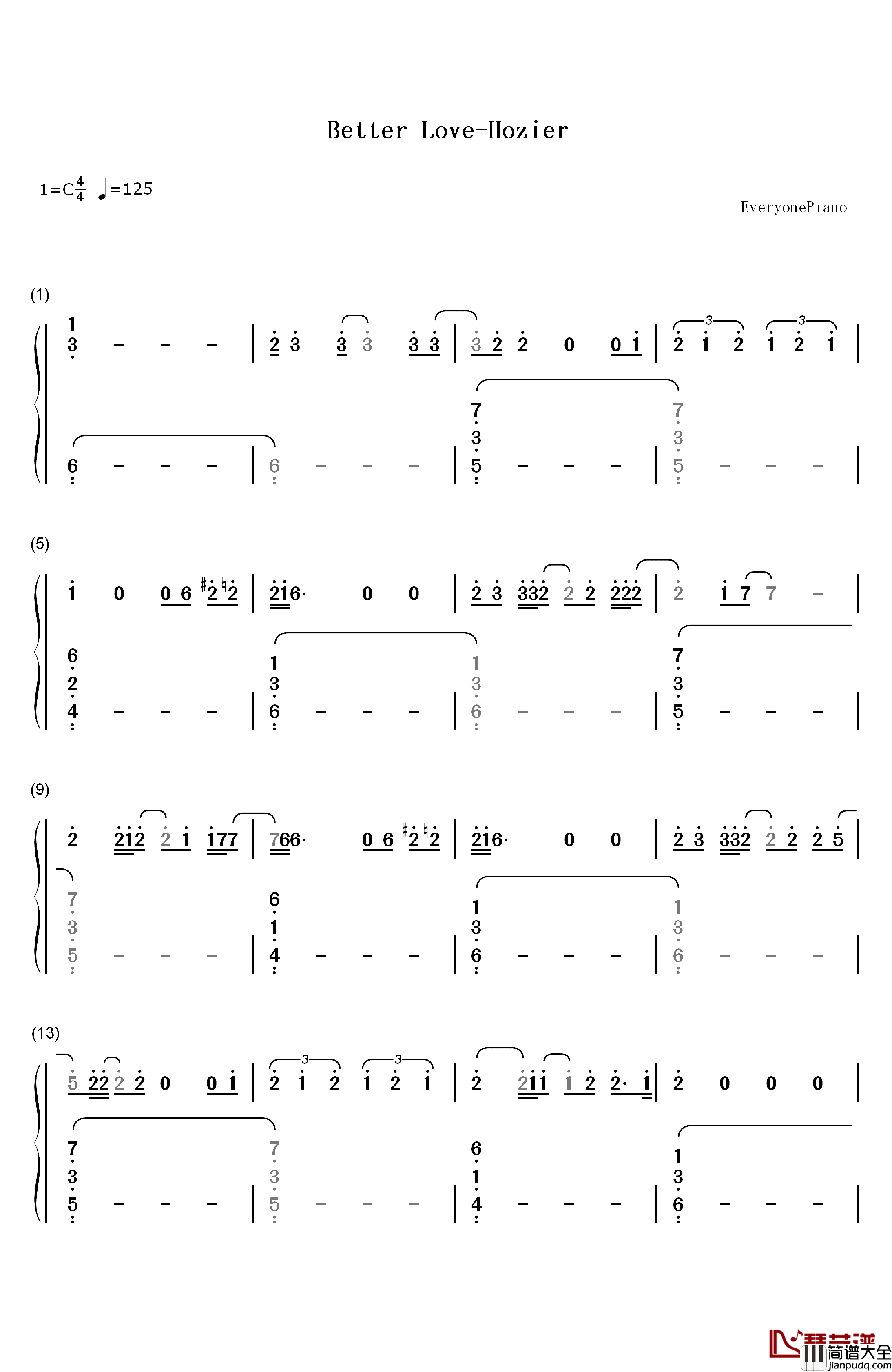 Better_Love钢琴简谱_数字双手_Hozier