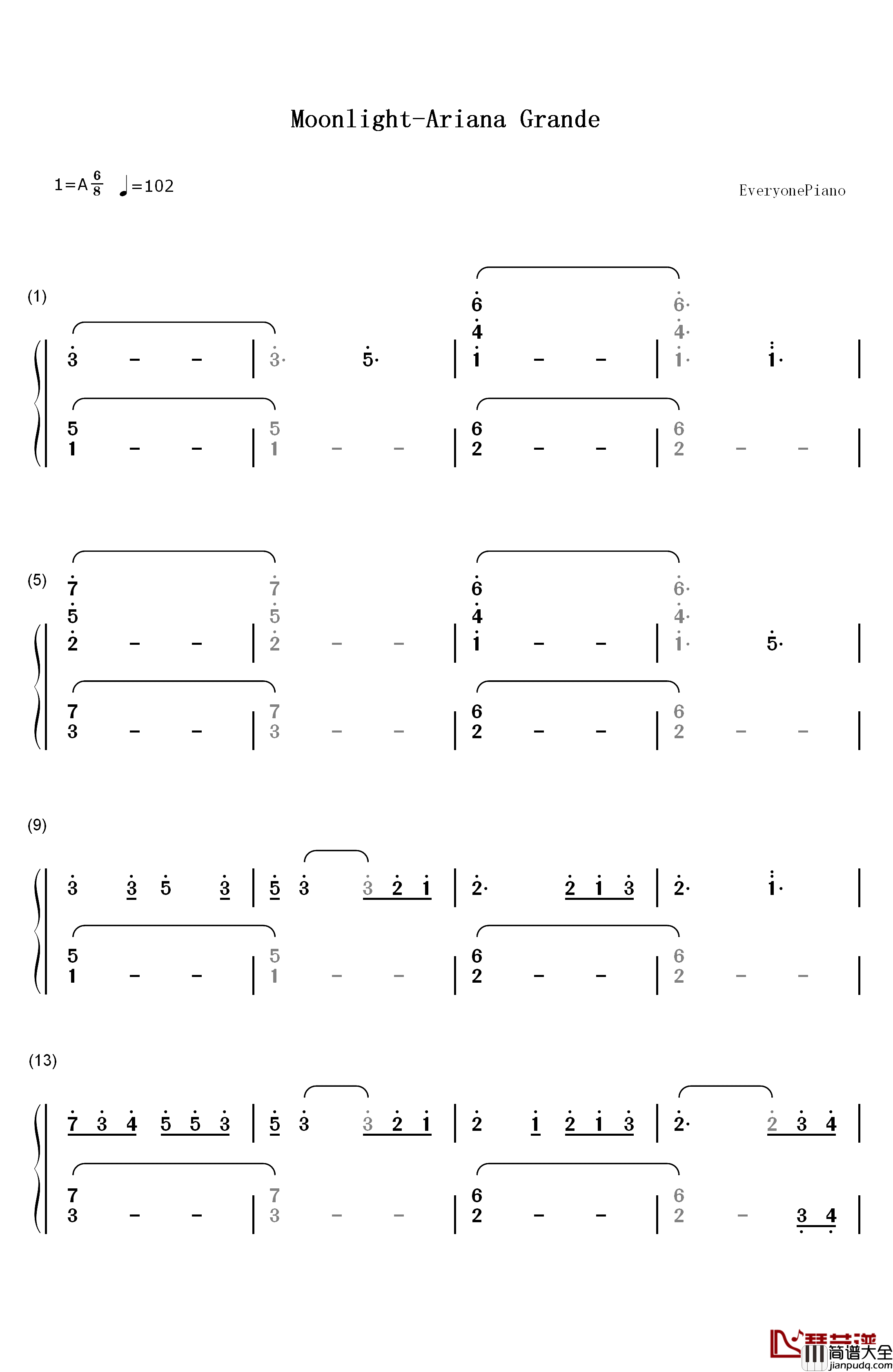 Moonlight钢琴简谱_数字双手_Ariana_Grande