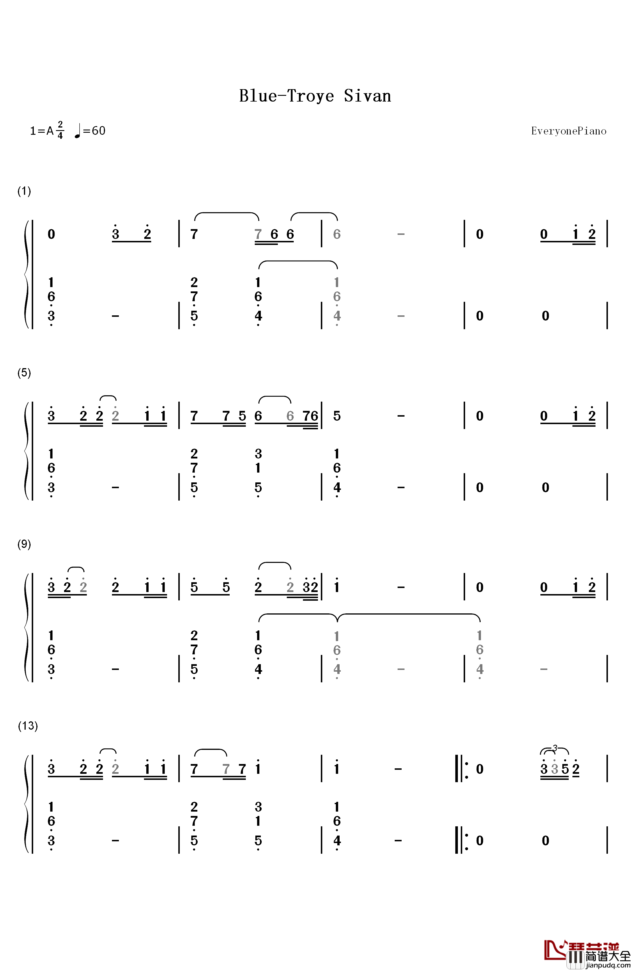 Blue钢琴简谱_数字双手_Troye_Sivan