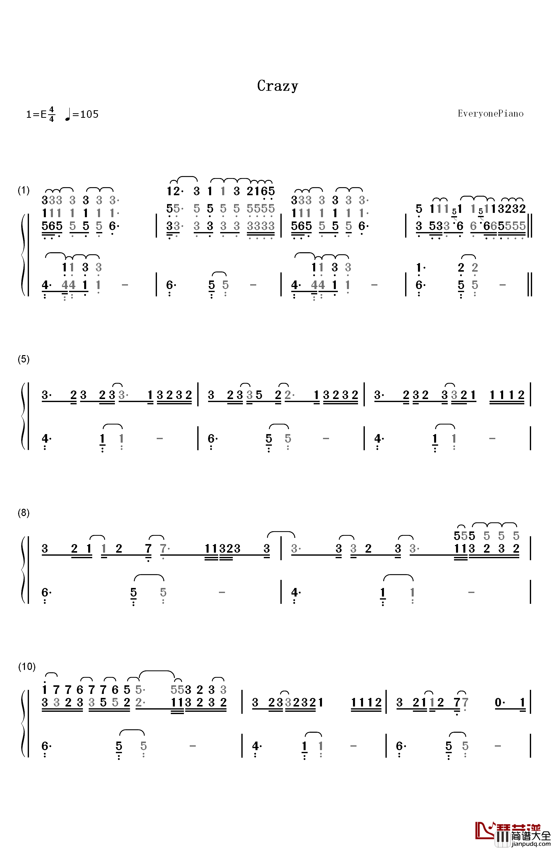 Crazy钢琴简谱_数字双手_Shawn_Mendes