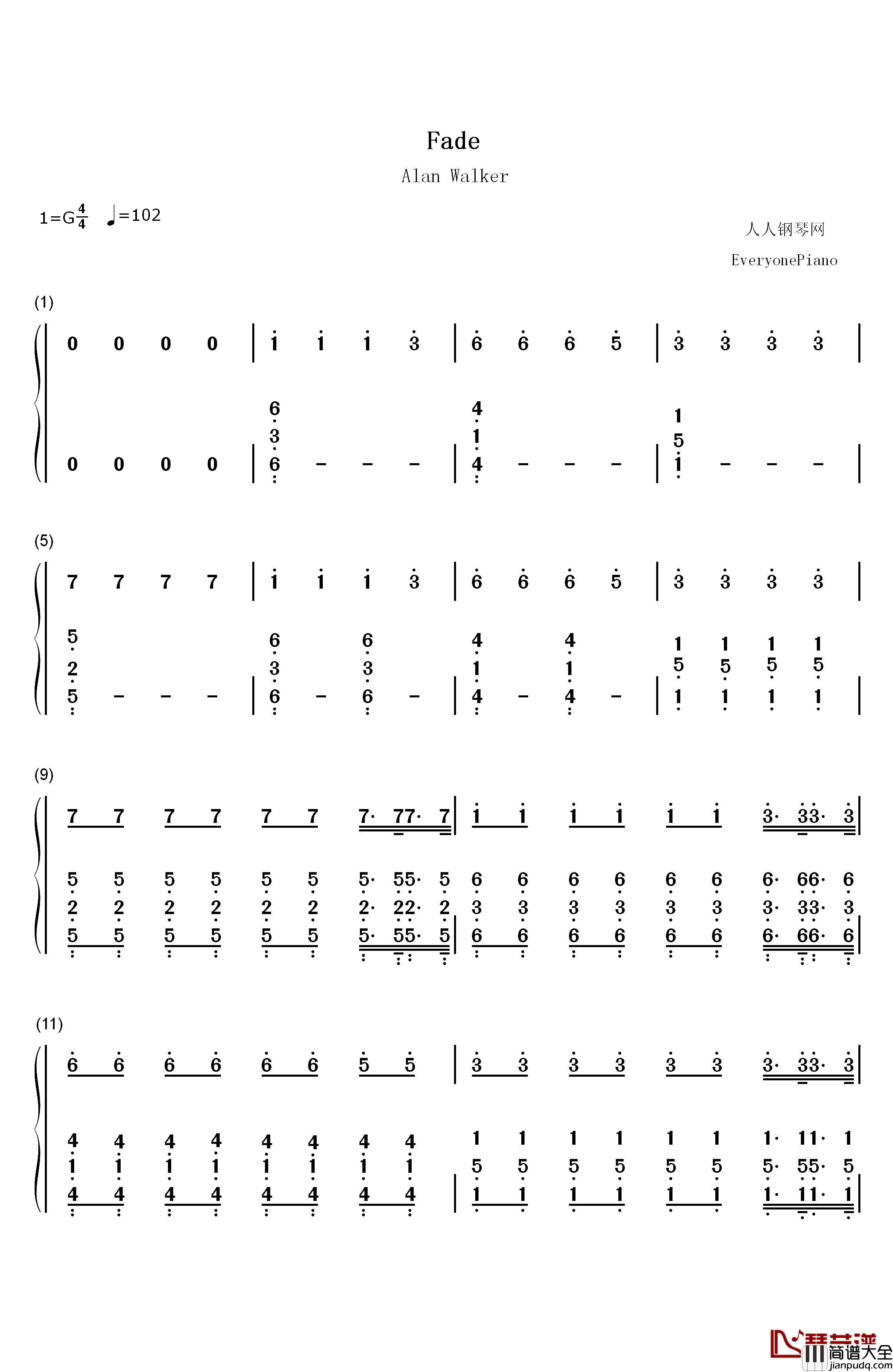 Fade钢琴简谱_数字双手_Alan_Walker