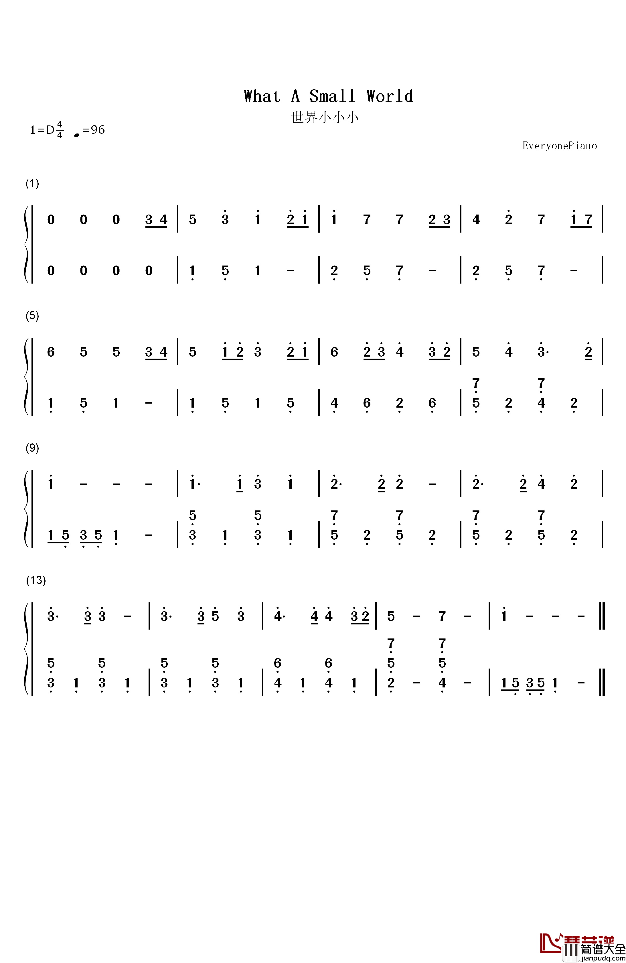 世界小小小钢琴简谱_数字双手_未知